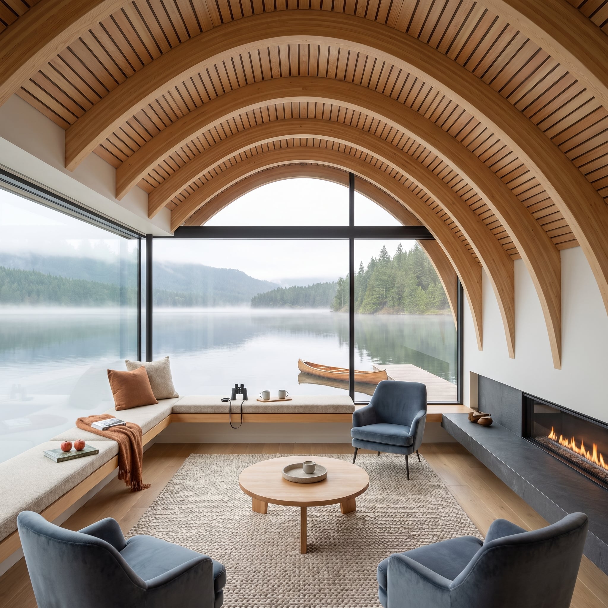 Laminated Wood Arches Over a Glacial Lake View, and the Canoe Outside Makes Perfect Sense