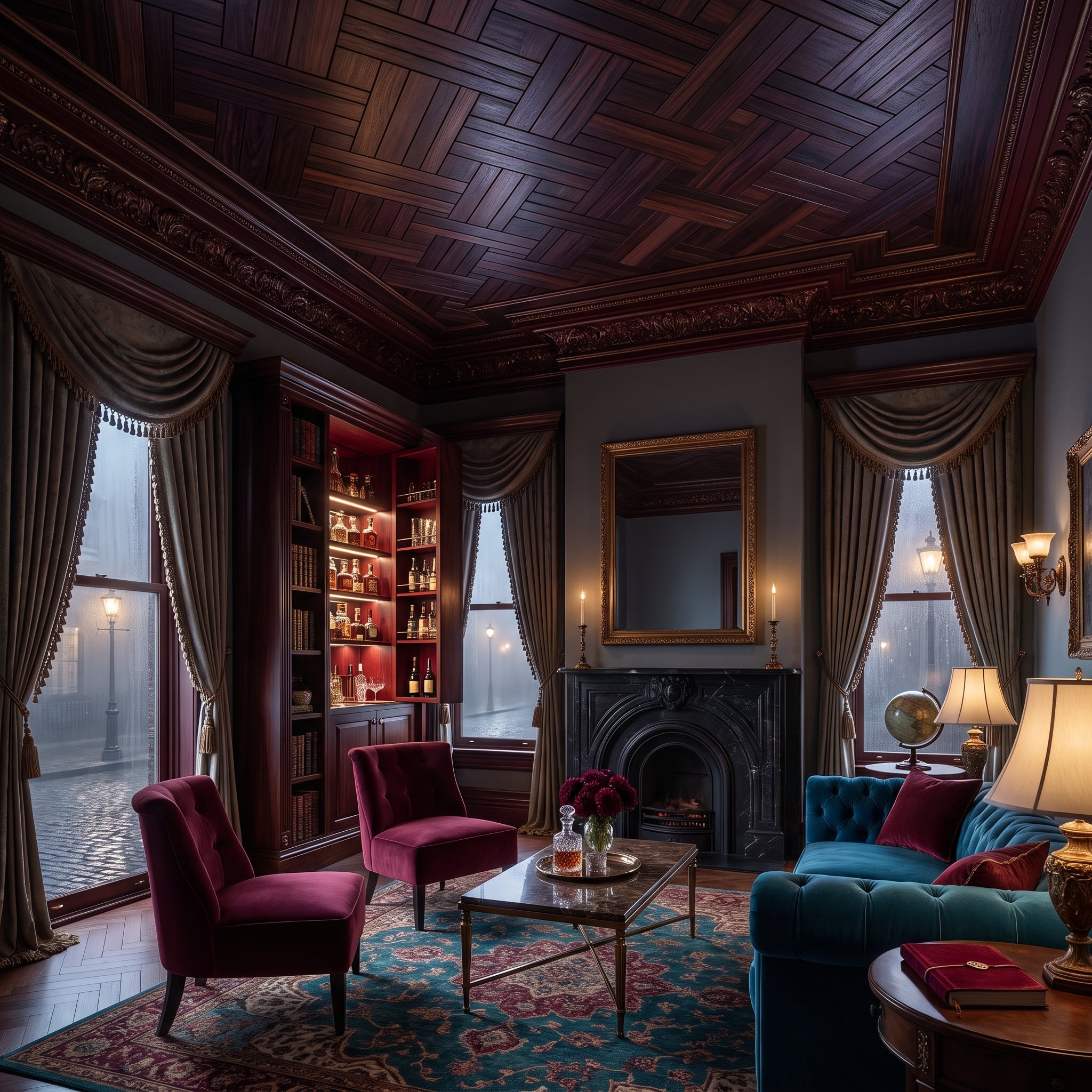 Mahogany Coffered Ceiling, Crimson Bar Shelves, and a Rainy Window That Ties It Together