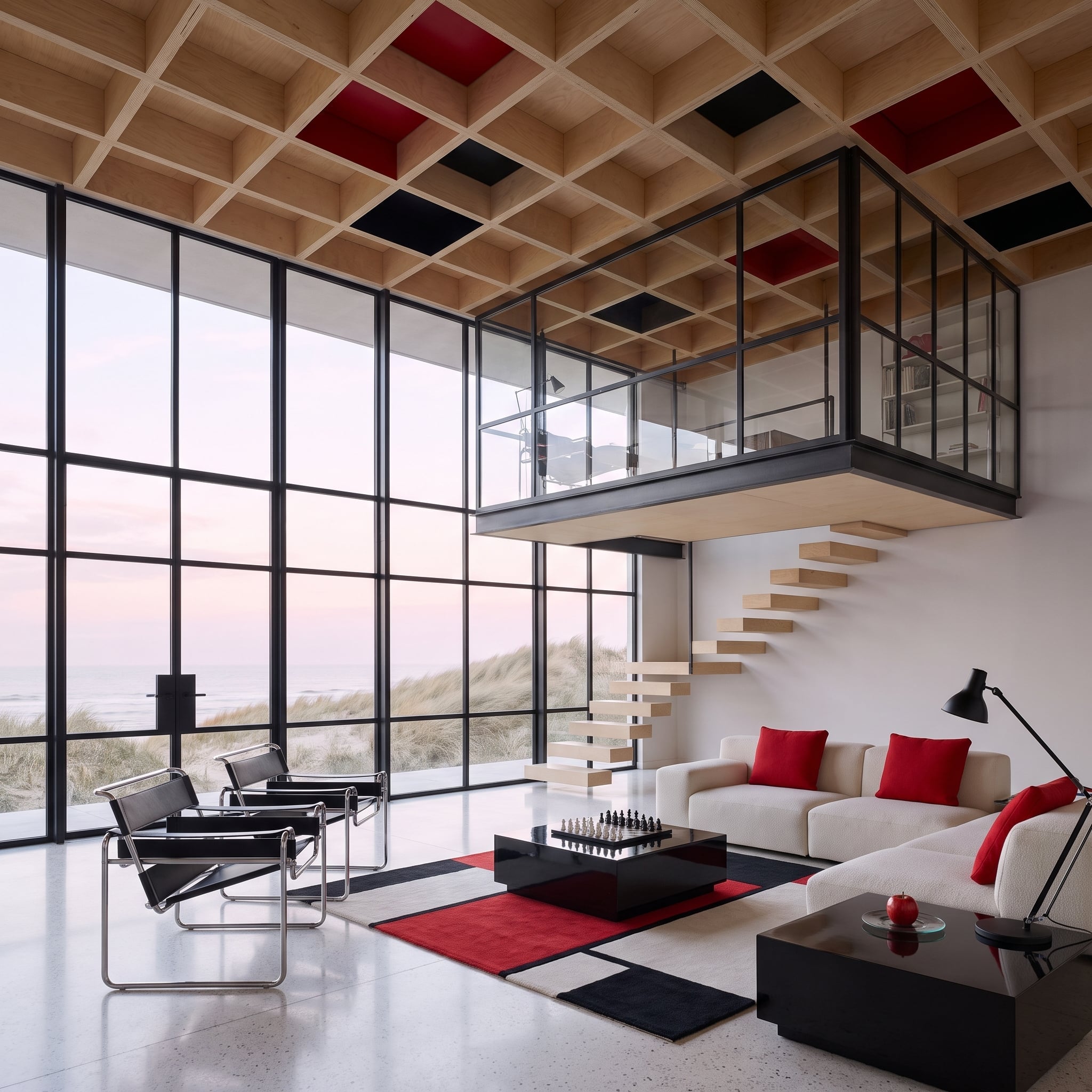 Mondrian Ceiling Grid, Wassily Chairs, and a Mezzanine That Floats on Nerve