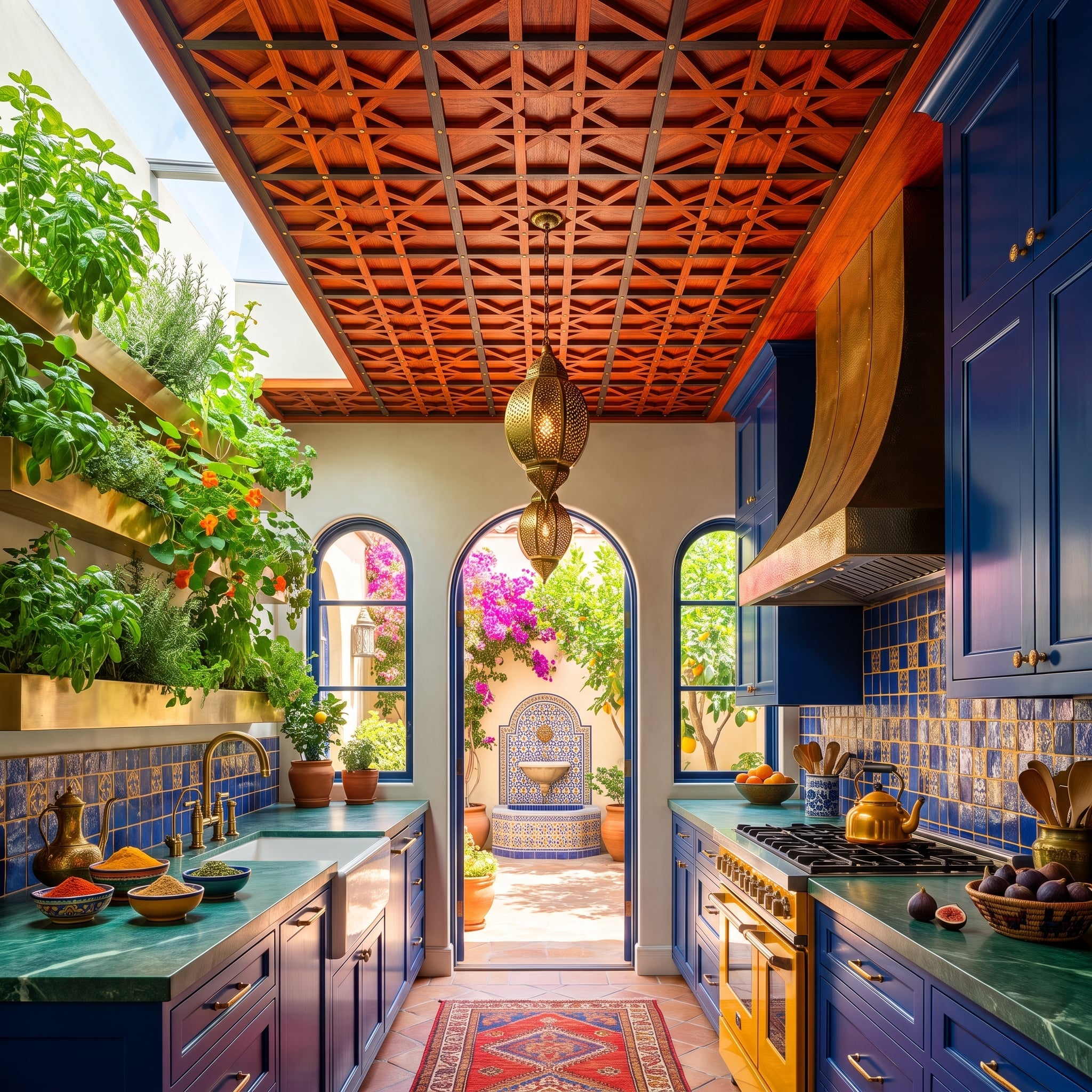 Moroccan Cedar Lattice Overhead, Navy Cabinets Below, and a Courtyard That Pulls You Through