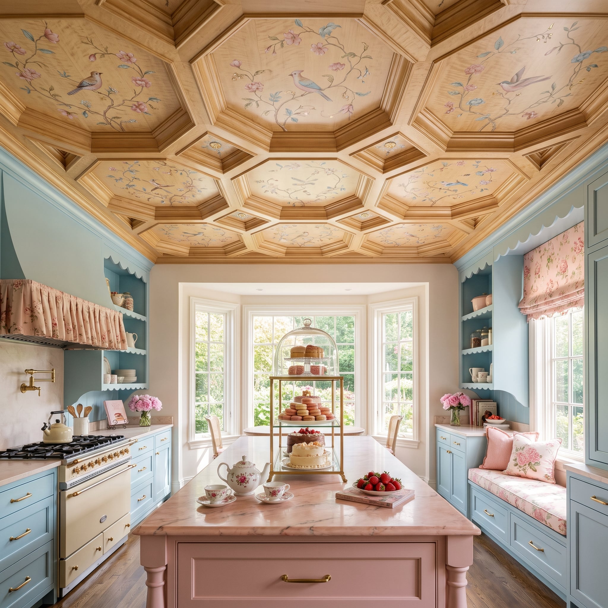 Painted Birds on a Coffered Ceiling Make This Kitchen Feel Like a Garden Room