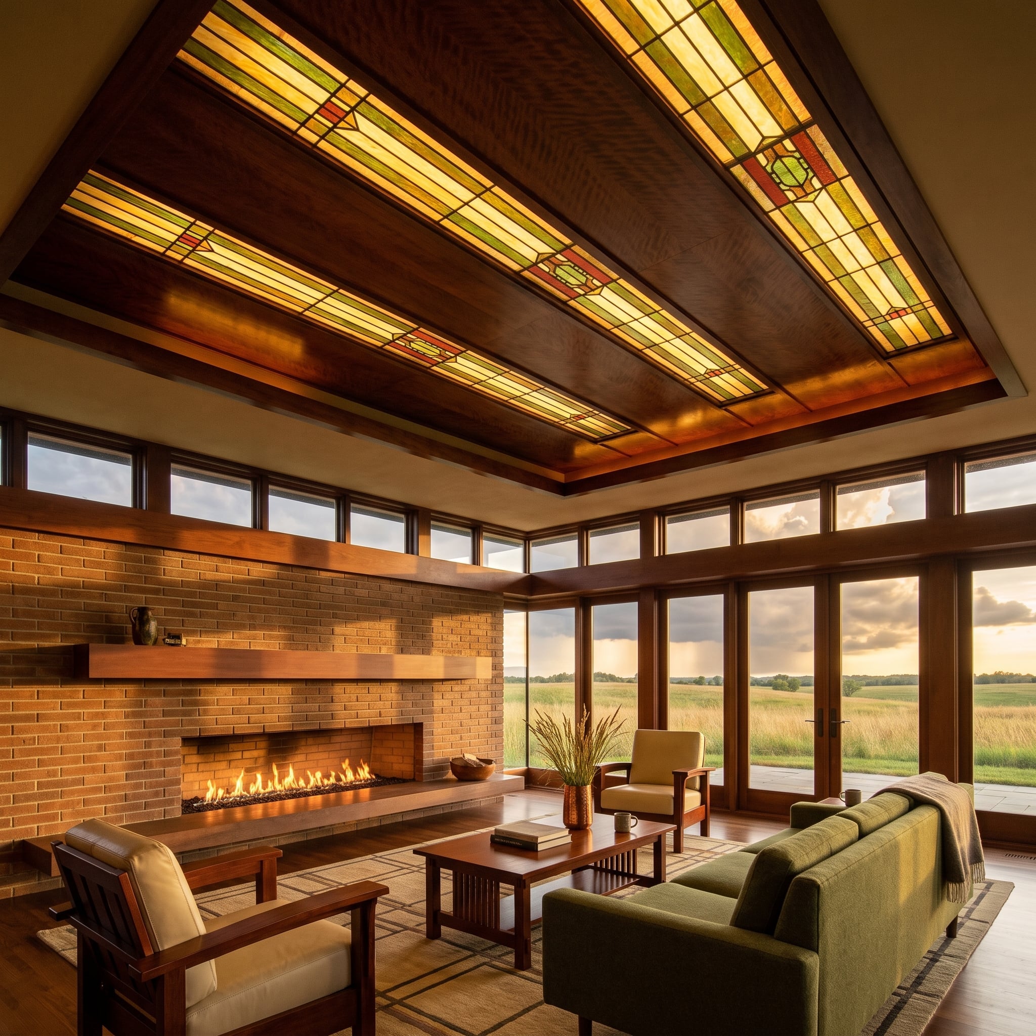 Prairie Light Overhead: Stained Glass Ceiling Panels in a Frank Lloyd Wright-Influenced Living Room