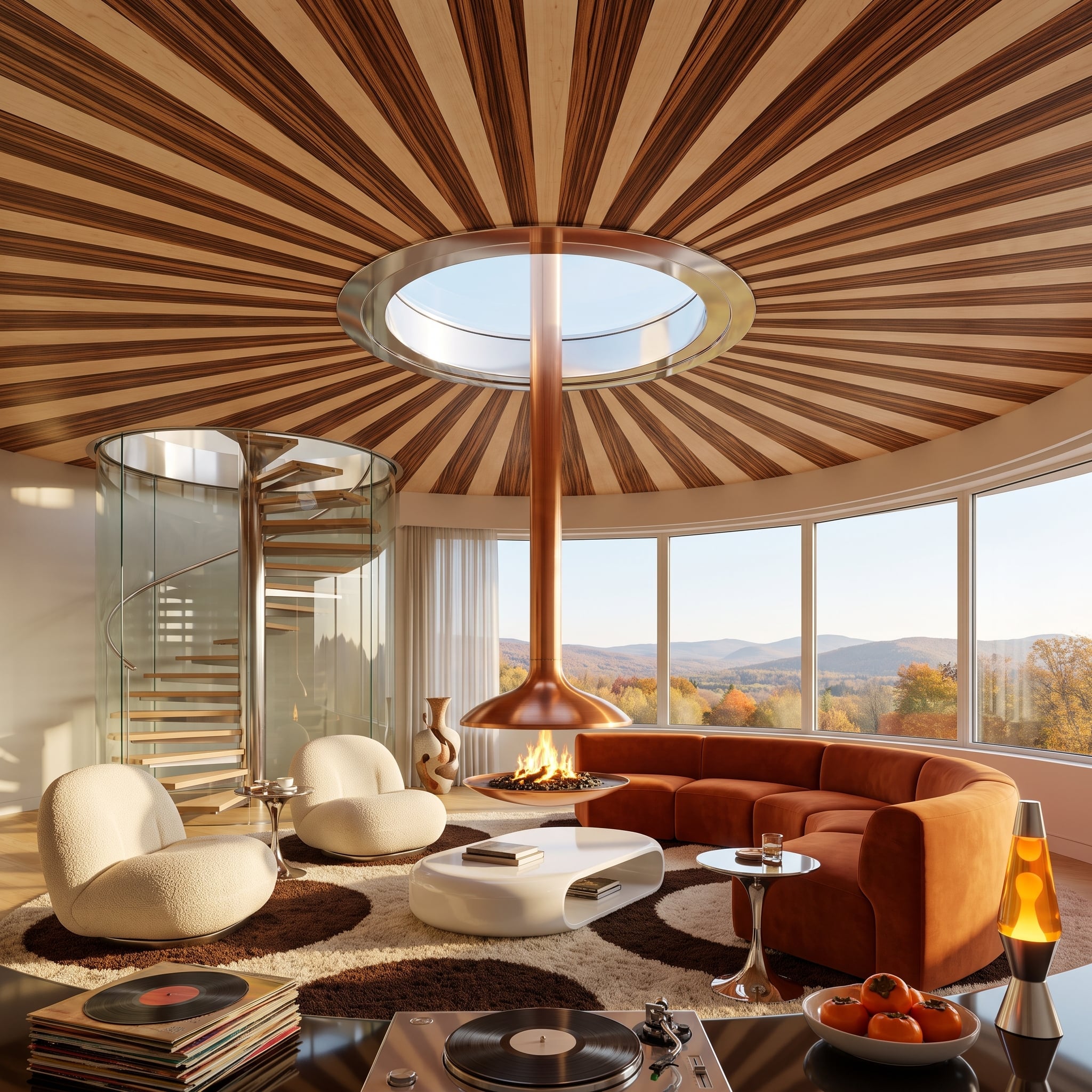 Radiating Zebrawood Overhead, a Suspended Copper Fireplace, and a View That Does the Rest
