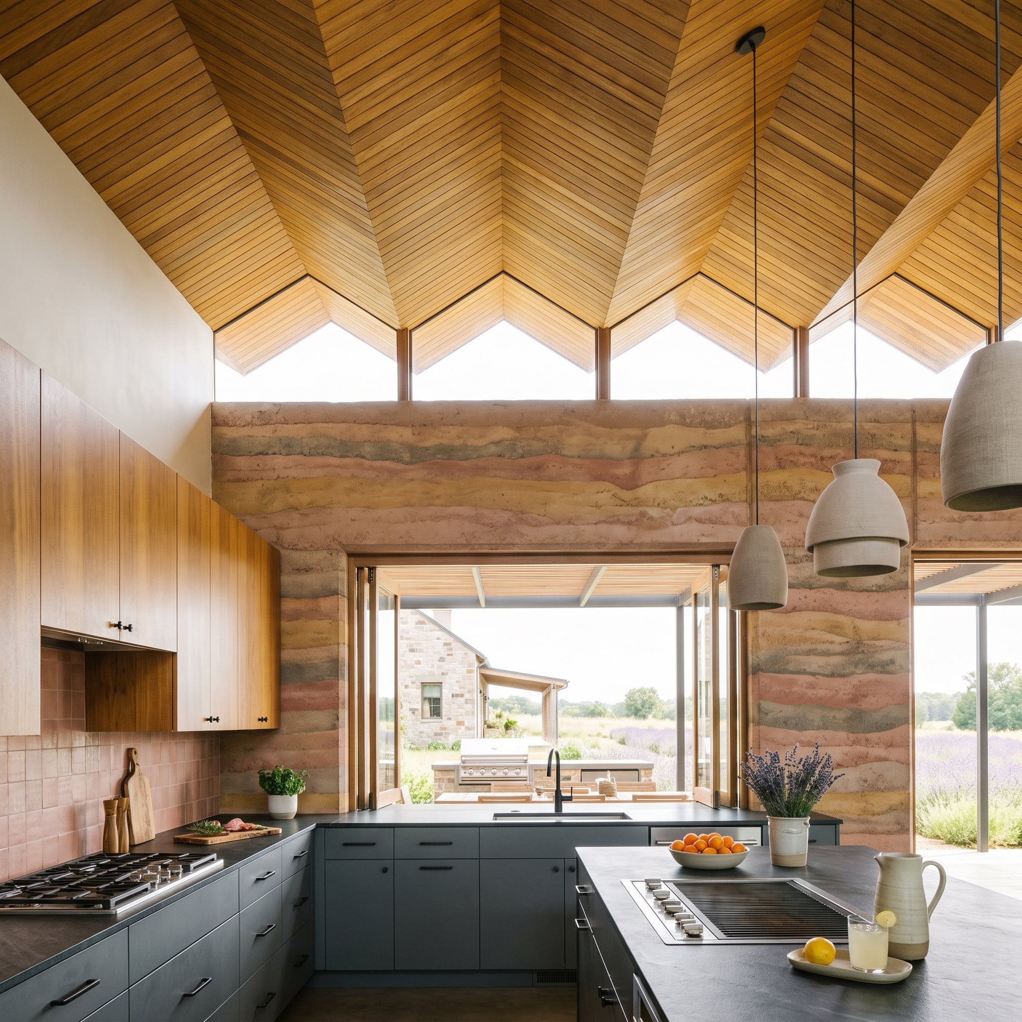 Rammed Earth Walls and a Folded Cedar Ceiling Walk Into a Kitchen Together