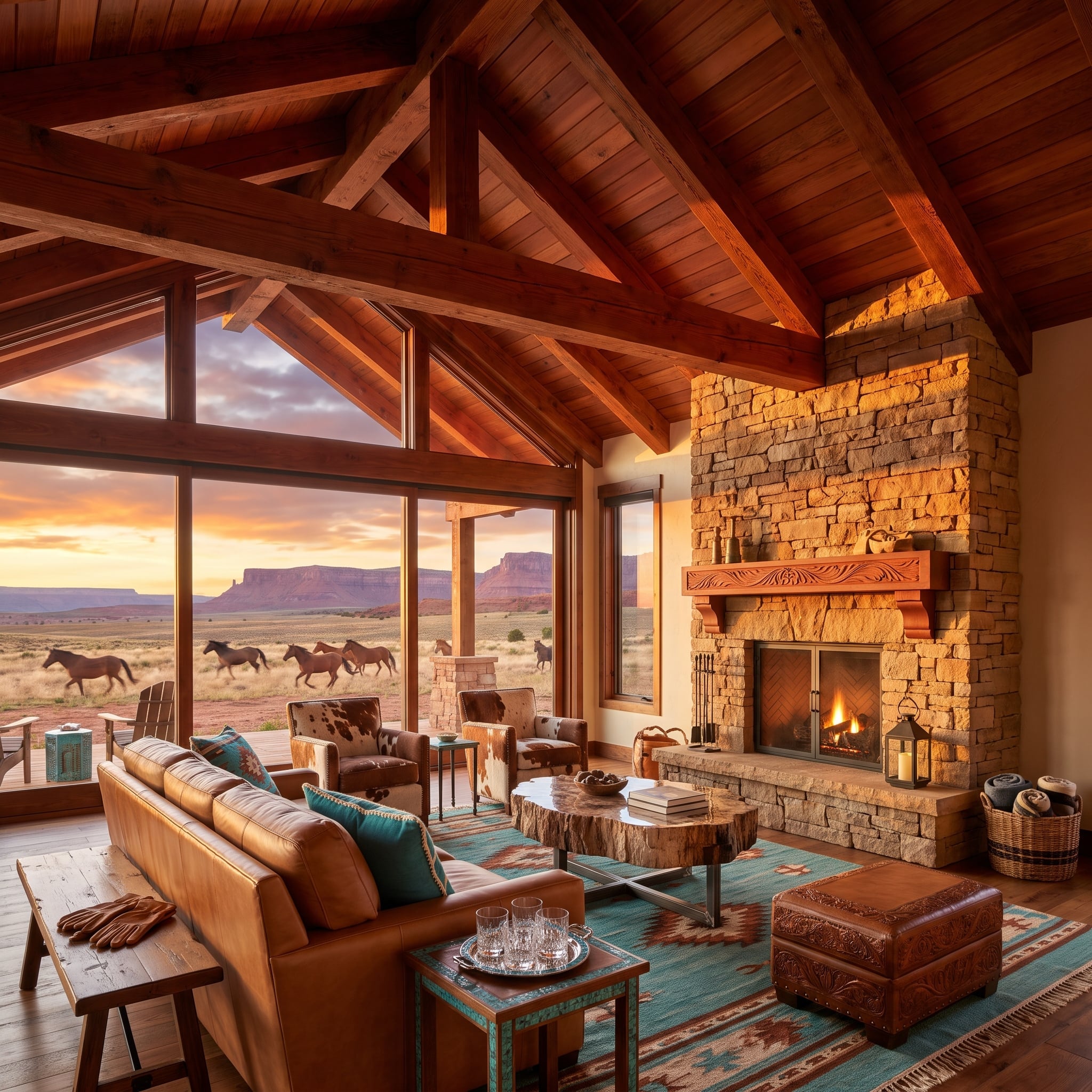 Redwood Trusses, Wild Horses at Sunset, and a Stone Fireplace That Holds the Room Together
