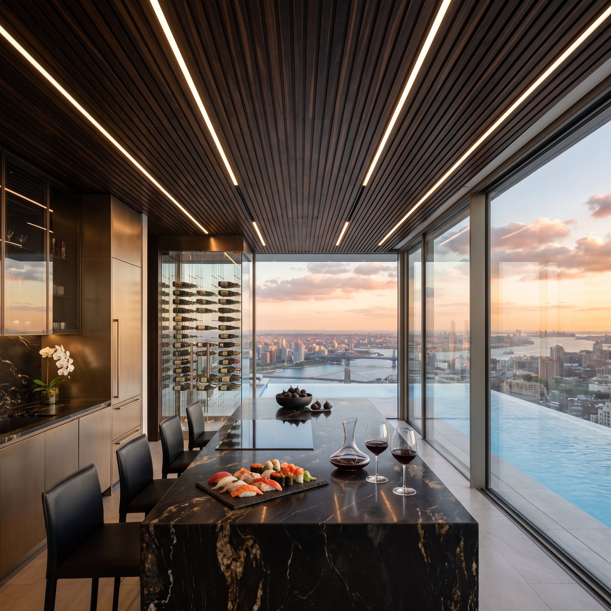 Slatted Dark Wood Overhead, a Marble Slab Below, and the East River Doing the Rest