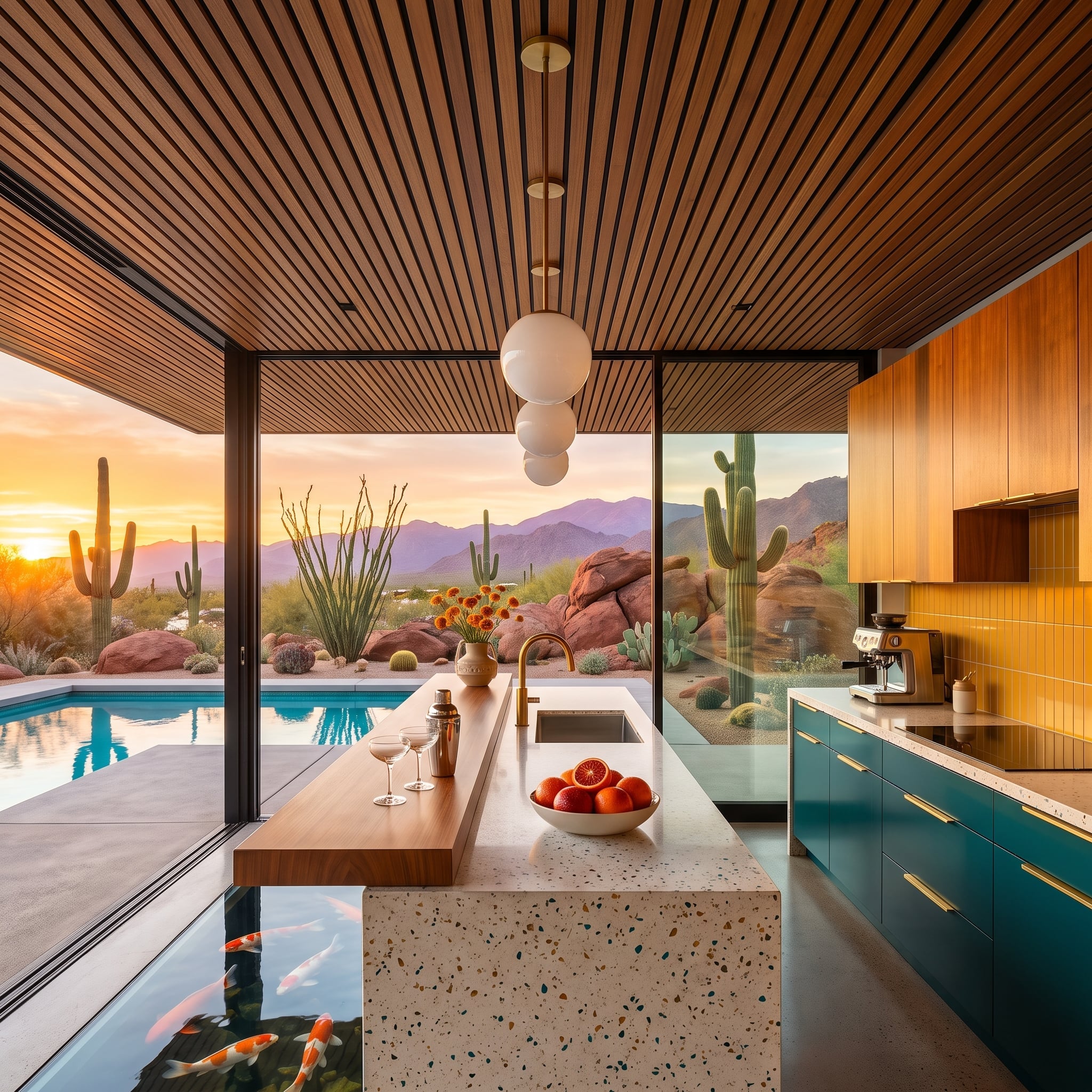 Slatted Redwood Overhead, Terrazzo Island, and a Koi Pond Nobody Expected Underfoot