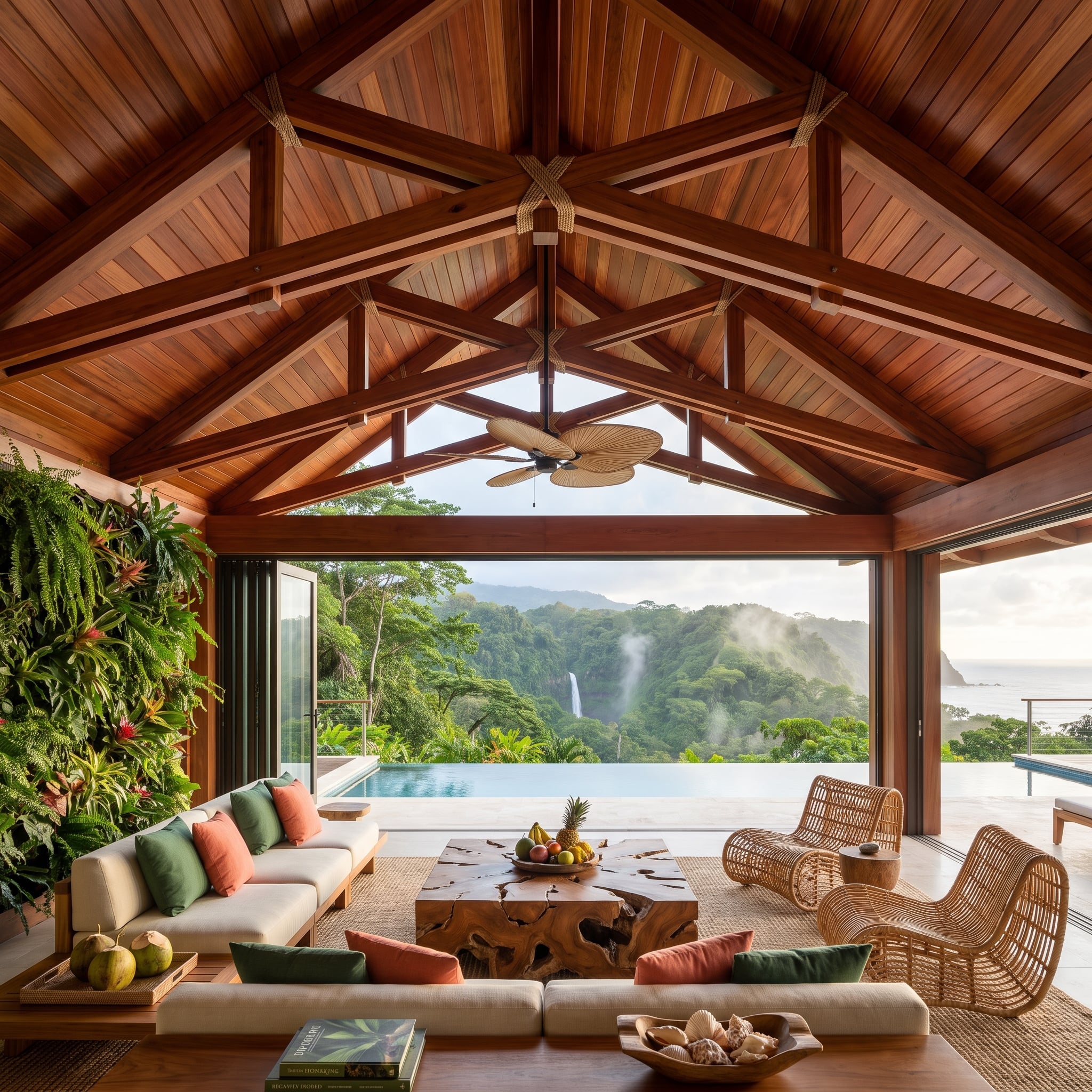 Teak Trusses, a Living Wall, and a Waterfall View That Makes the Room Irrelevant