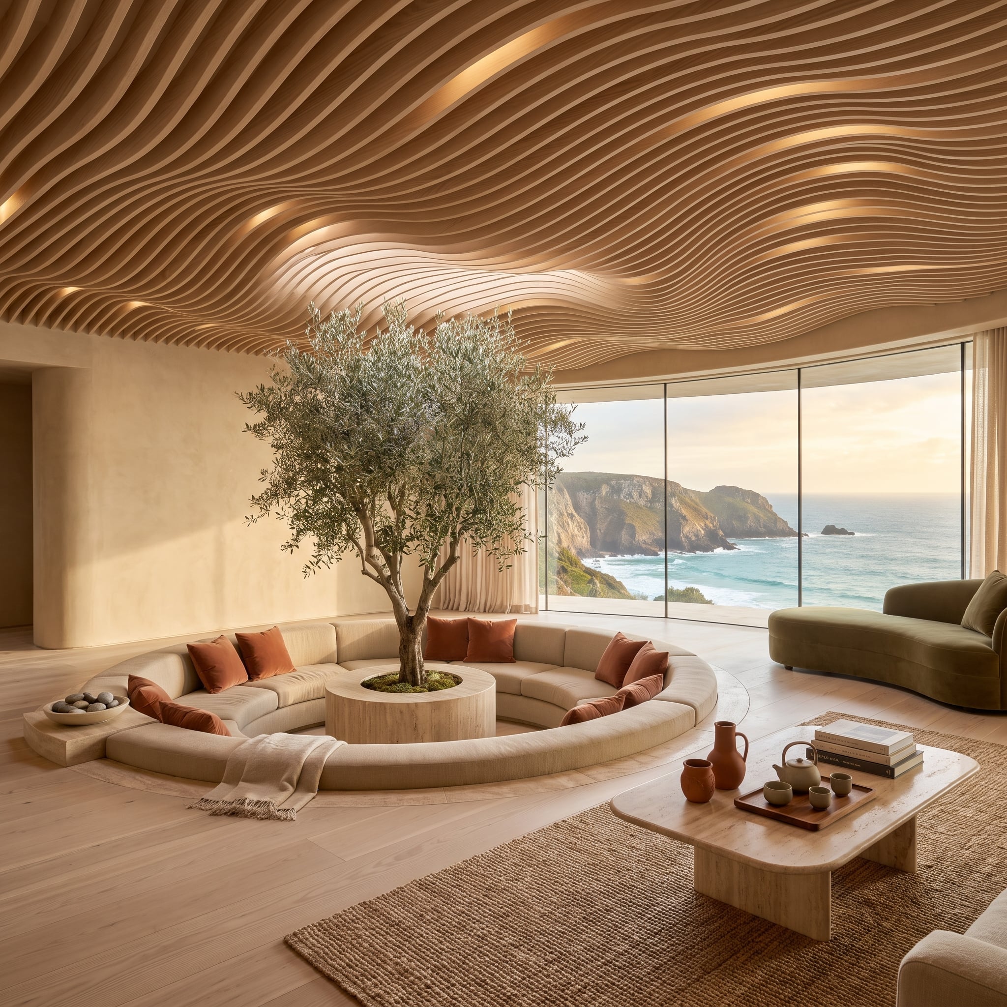 Undulating Wood Slats, a Living Olive Tree, and Cliffside Ocean Light Doing Quiet Work