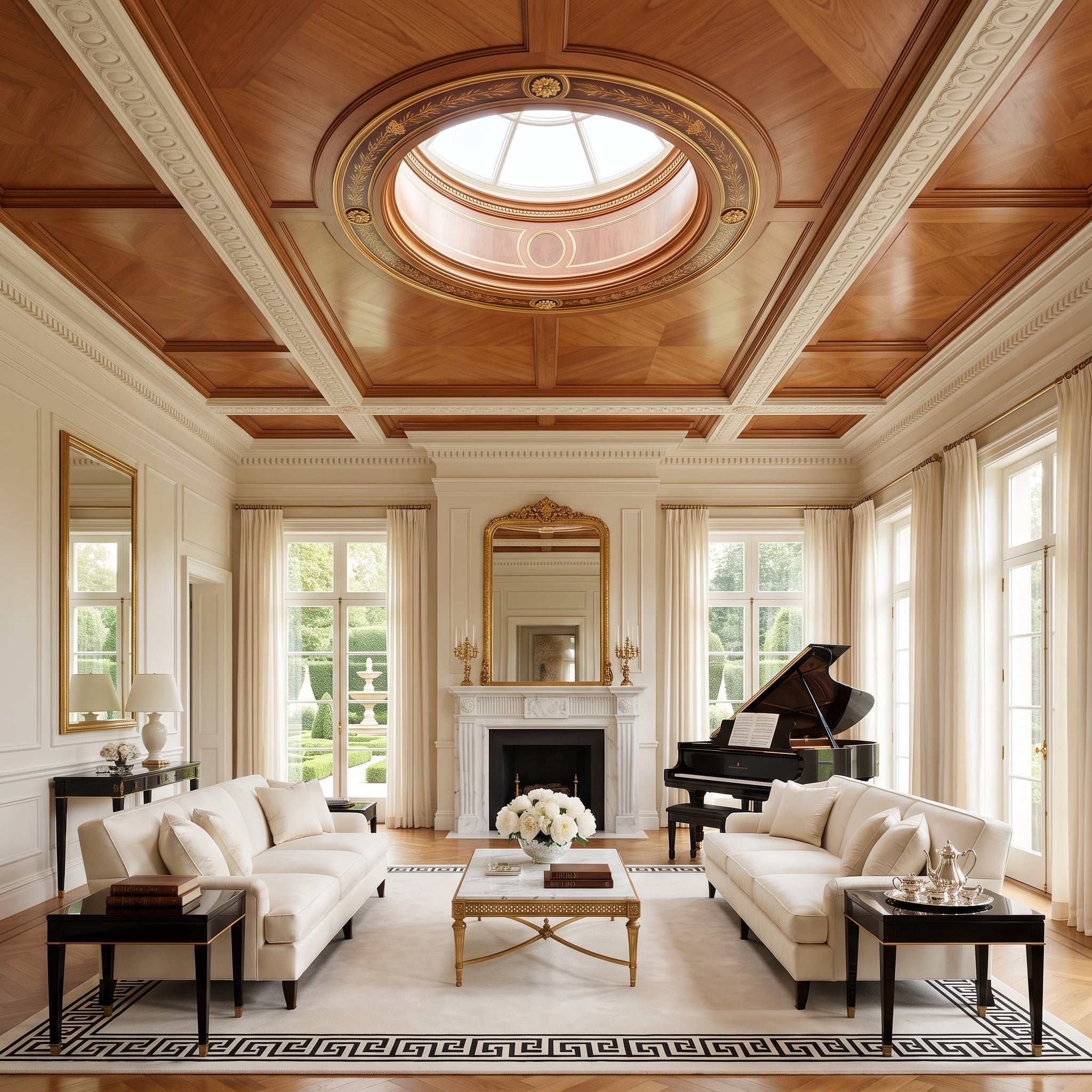 Walnut Coffered Dome, a Skylight at Its Center, and Two Sofas That Know Their Place