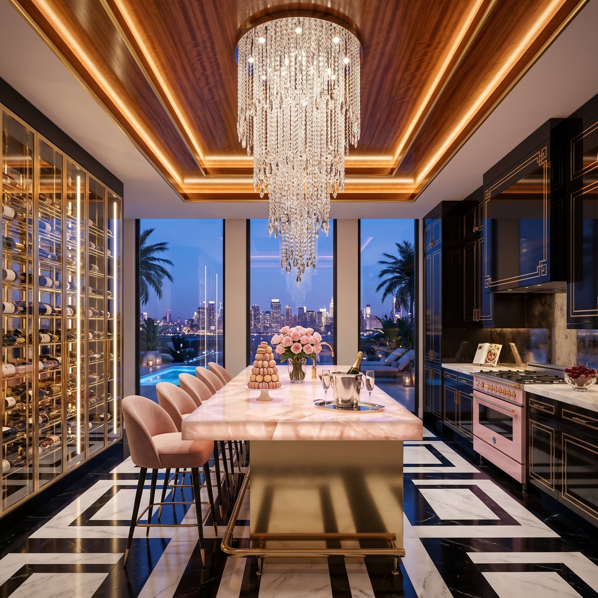 Walnut Tray Ceiling, Crystal Cascade, and a Pink Onyx Island That Owns the Room