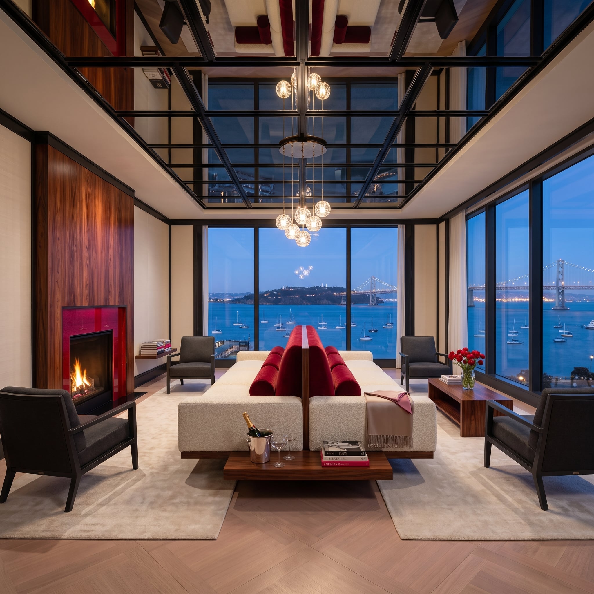 Bay Bridge at Dusk, a Red Fireplace Box, and Seating That Finally Faces Each Other