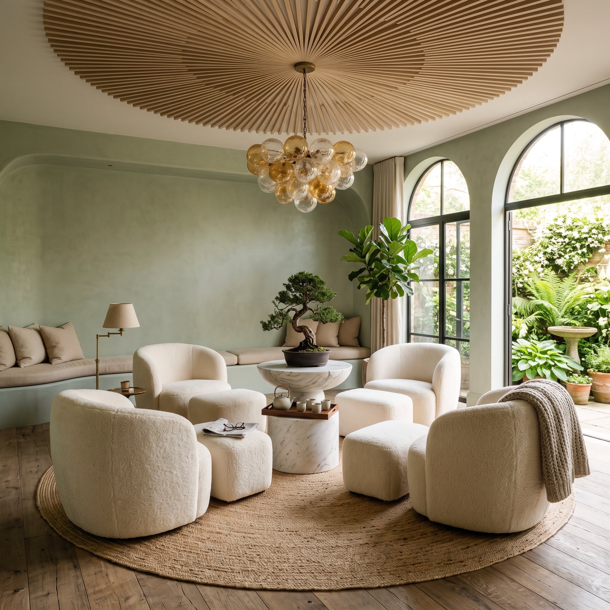 Boucle Chairs, a Bonsai Centerpiece, and Sage Walls That Don't Need Art