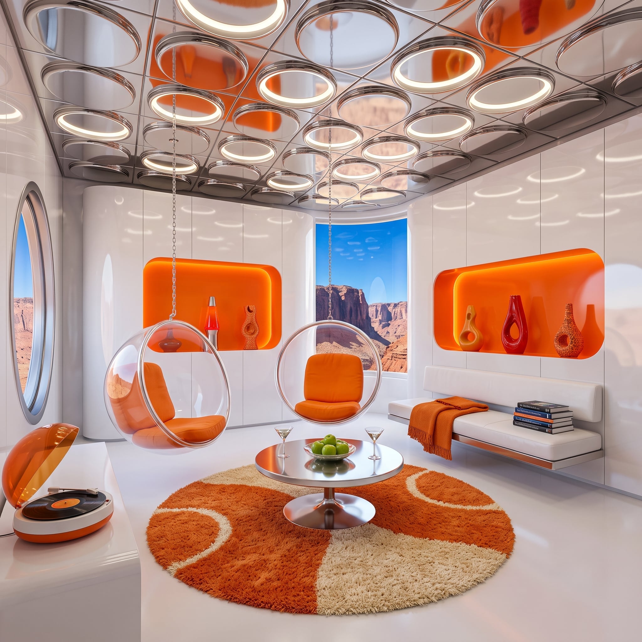 Bubble Chairs, Lava Lamp, and a Shag Rug That Makes the Canyon View Feel Earned