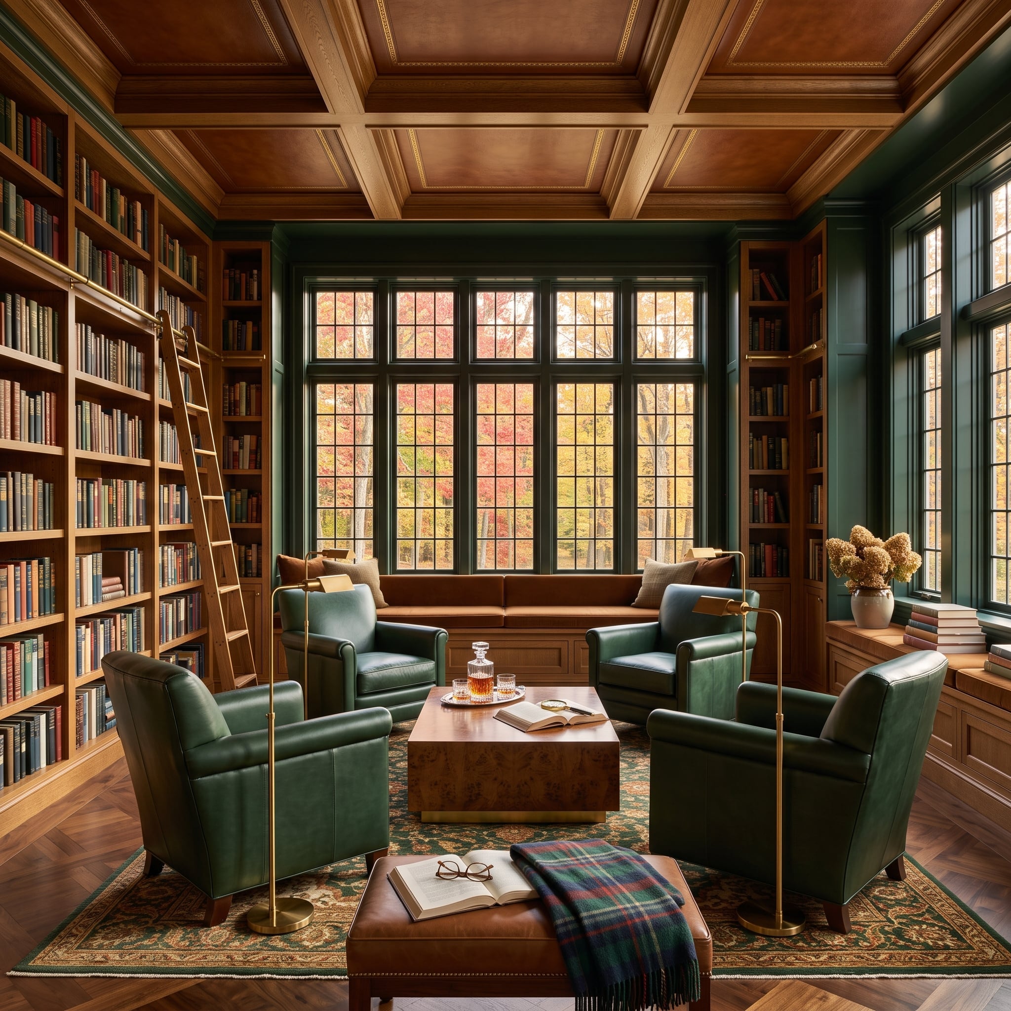 Coffered Walnut Ceiling, Four Green Leather Chairs, and Autumn Burning Through the Glass