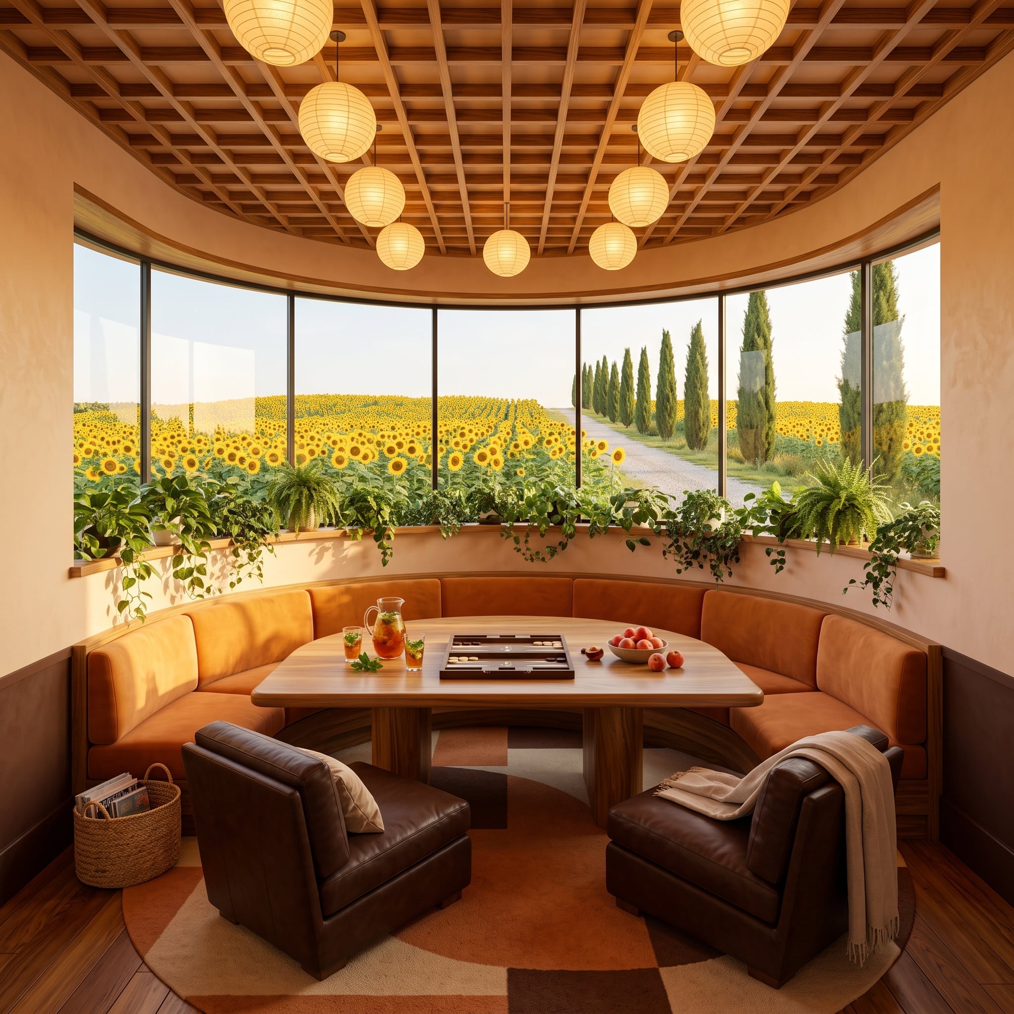Curved Banquette, Paper Lanterns, and a Backgammon Board Doing the Heavy Lifting