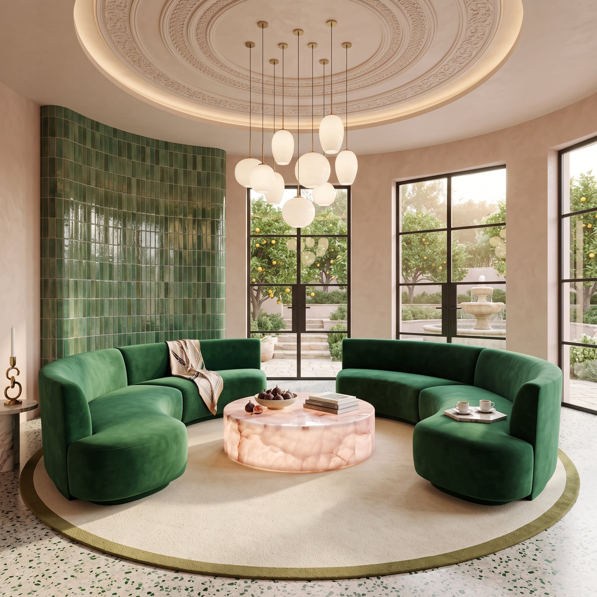 Curved Velvet Sofas, a Glowing Onyx Table, and No Sectional Needed