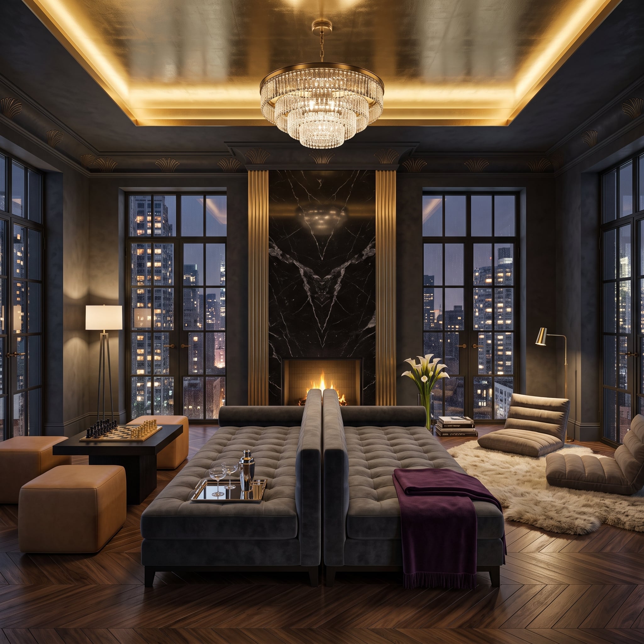 Dark Marble, Crystal Chandelier, and Velvet Ottomans Doing the Sectional's Job Better