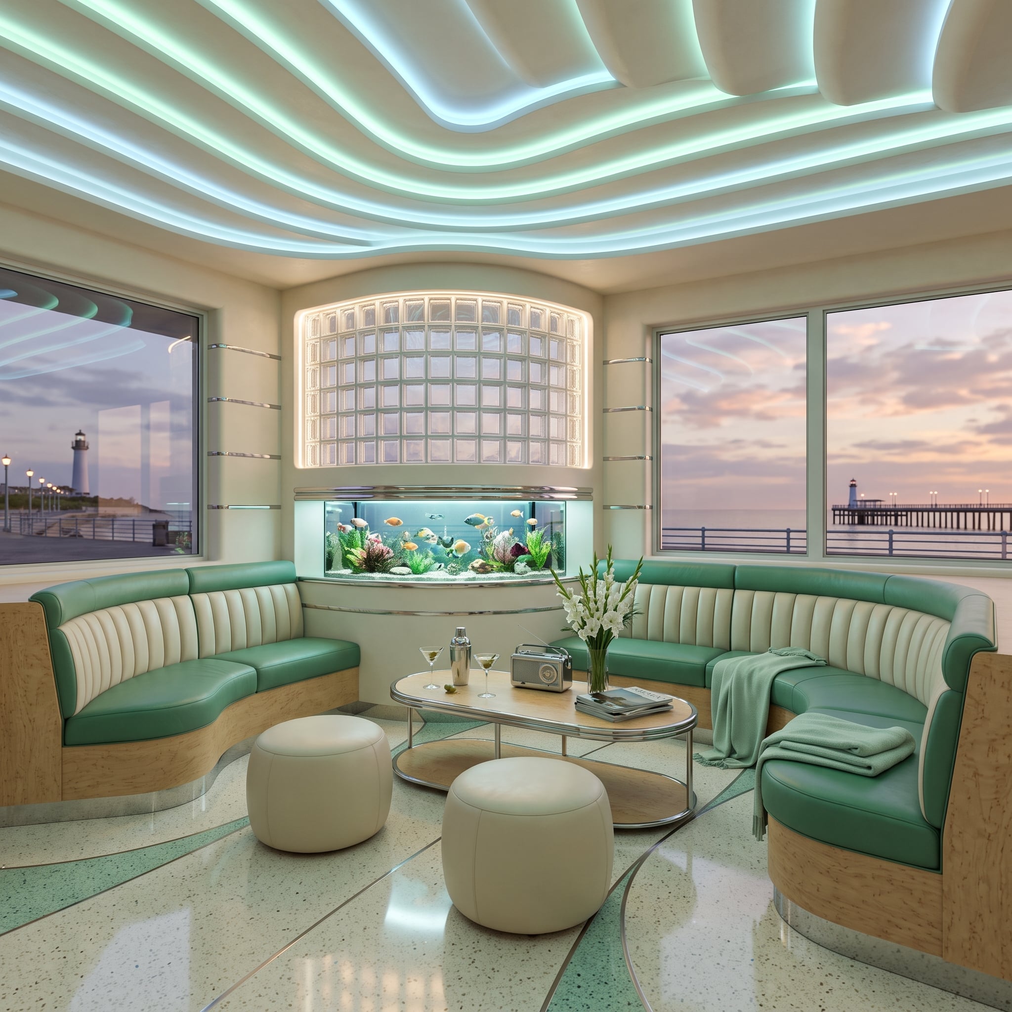 Glass Block, Teal Banquettes, and a Fish Tank That Earns Its Wall Space