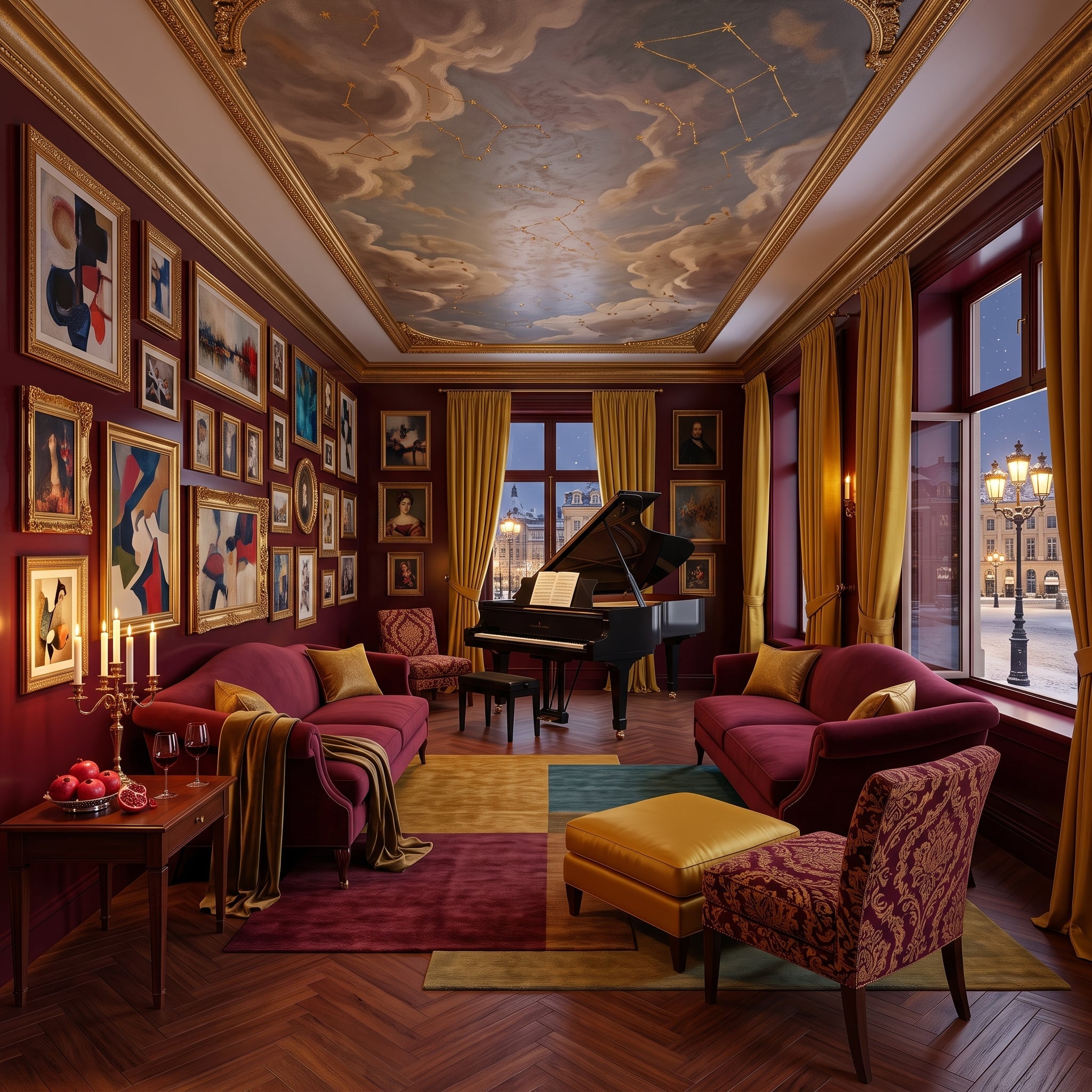 Grand Piano, Constellation Ceiling, and Seating Built for a Salon