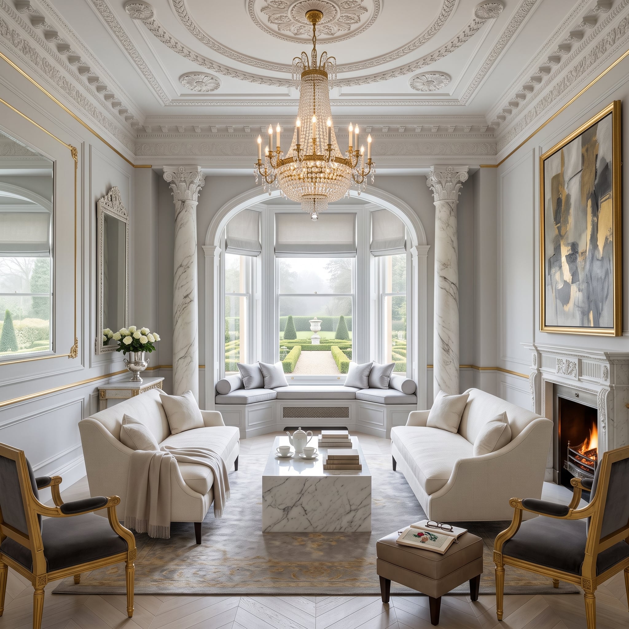 Marble Columns, Crystal Chandelier, and Paired Sofas That Earn Their Symmetry