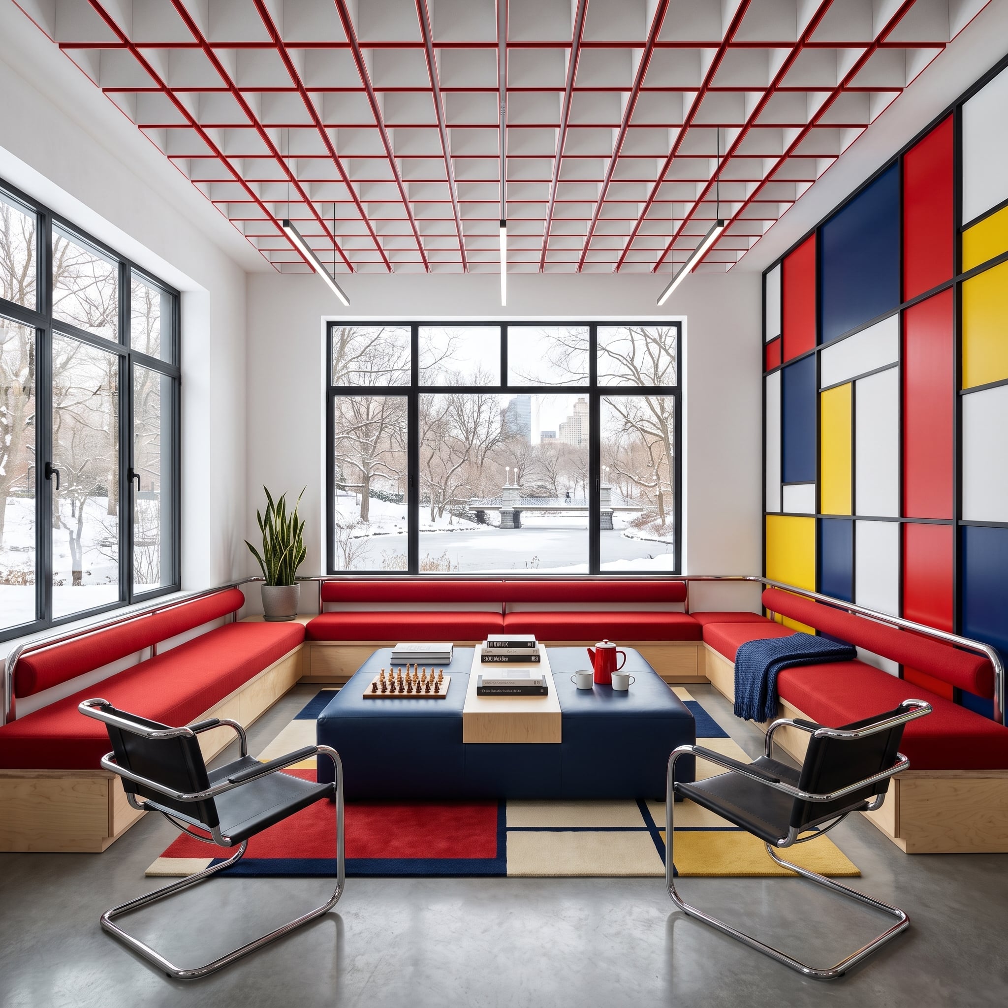 Mondrian Wall, Red Grid Ceiling, and Banquettes That Skip the Sectional Entirely