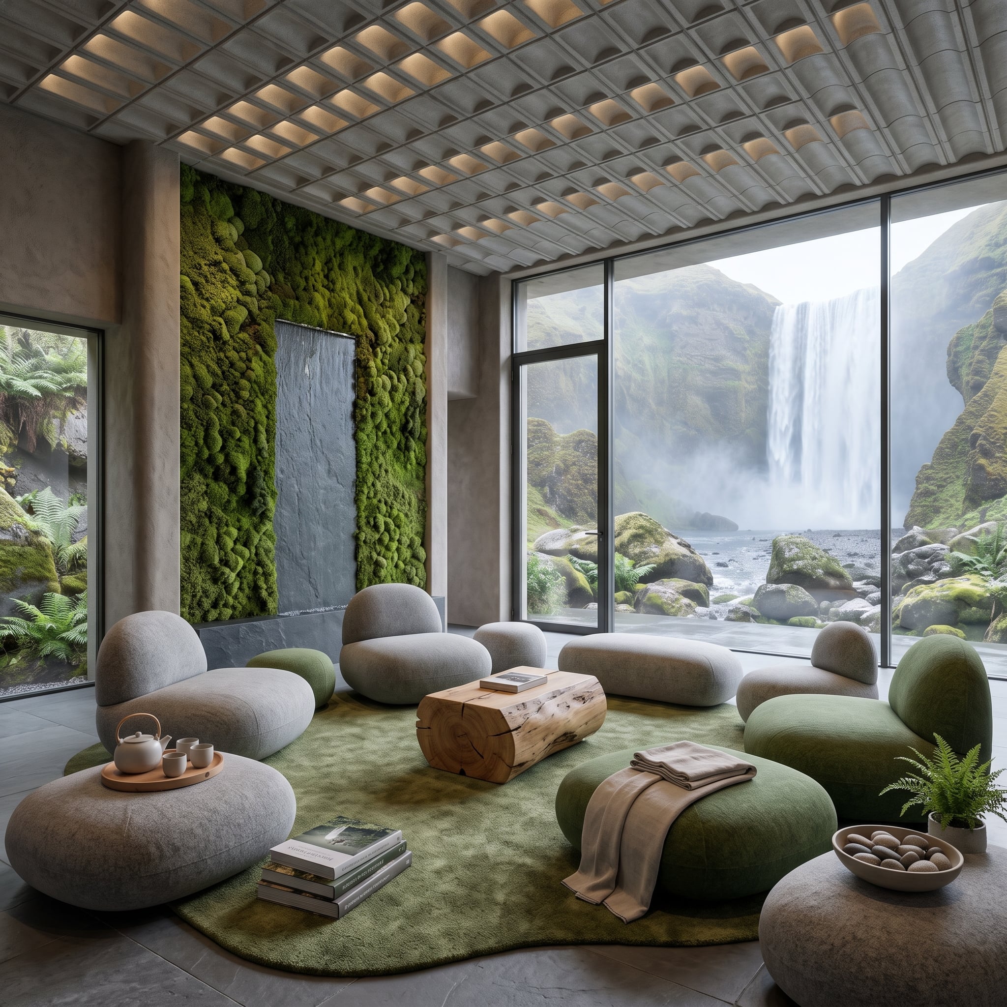 Moss Walls, a Log Coffee Table, and Seating Shaped Like River Stones