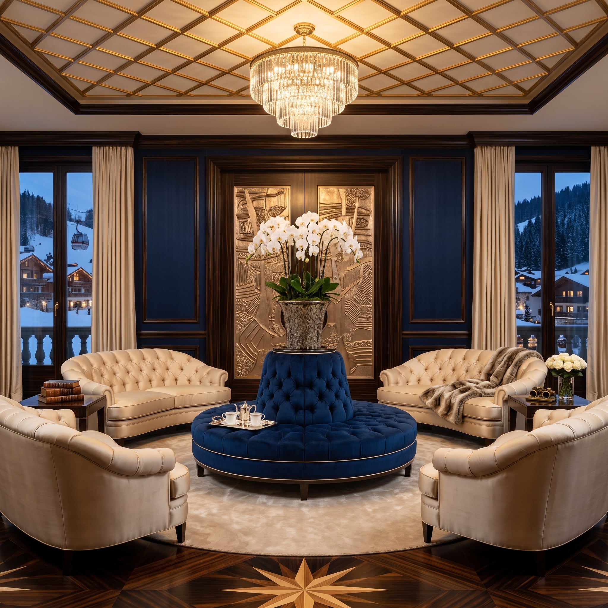 Navy Velvet, Crystal Pendants, and a Ski Village Framed Like a Painting