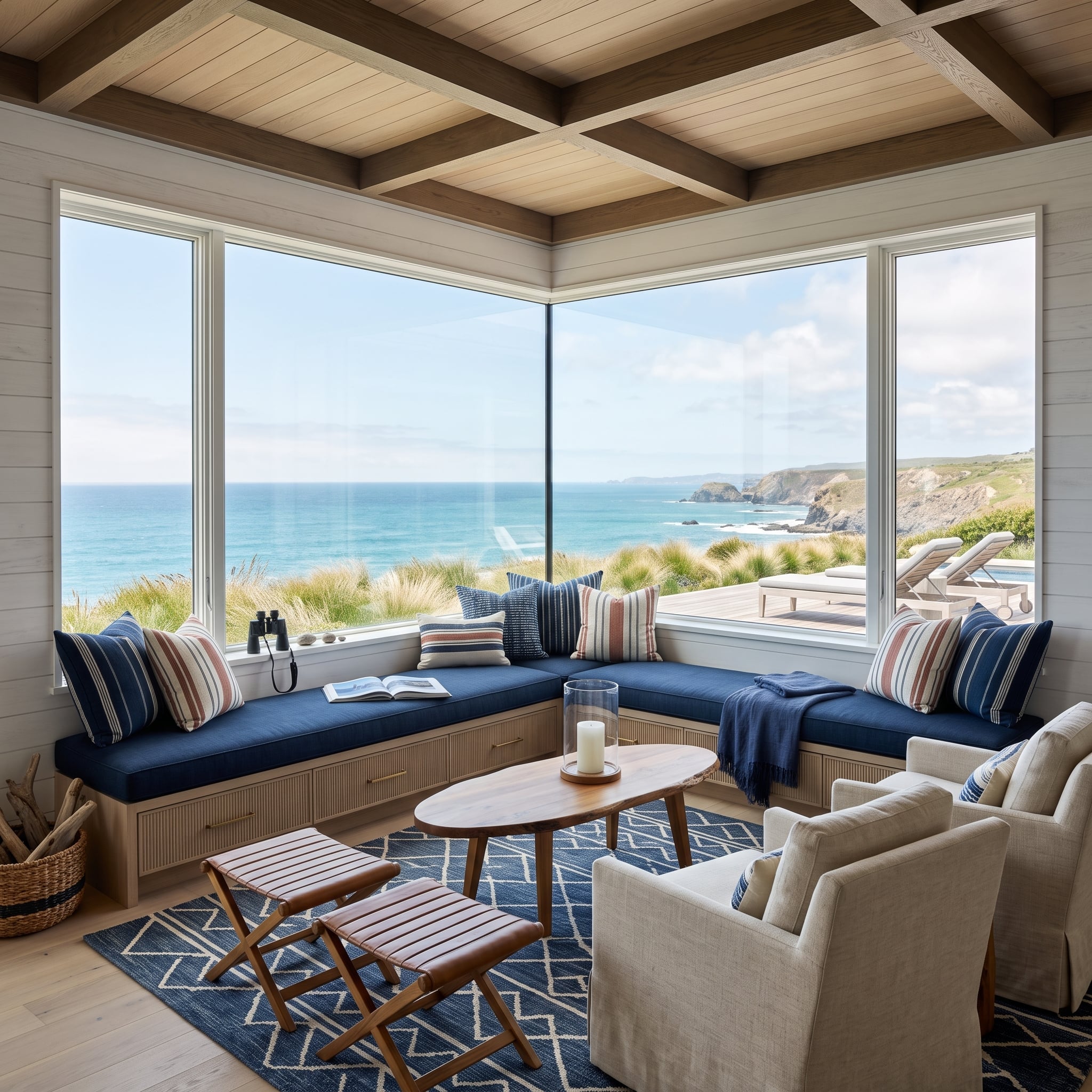 Navy Window Bench, Coffered Ceiling, and Binoculars Ready on the Sill