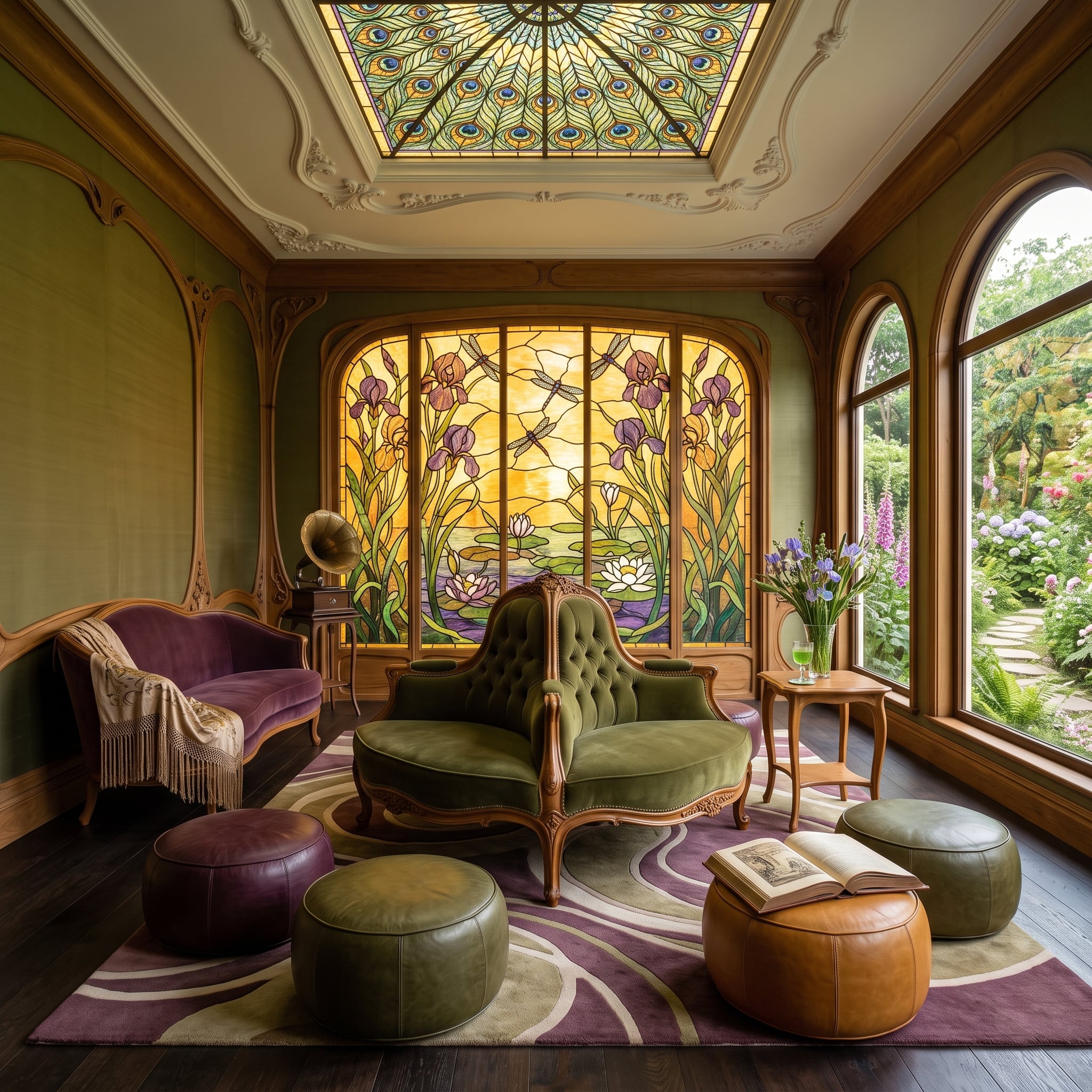 Peacock Glass Overhead, Iris Stained Panels Behind, and Ottomans Where the Sectional Used to Be