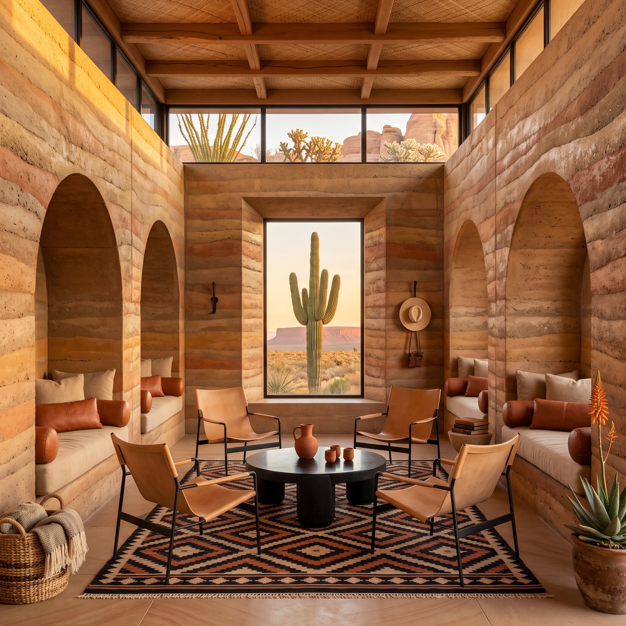 Rammed Earth Walls, Kilim Rug, and Four Leather Chairs Arranged Around Nothing Excessive
