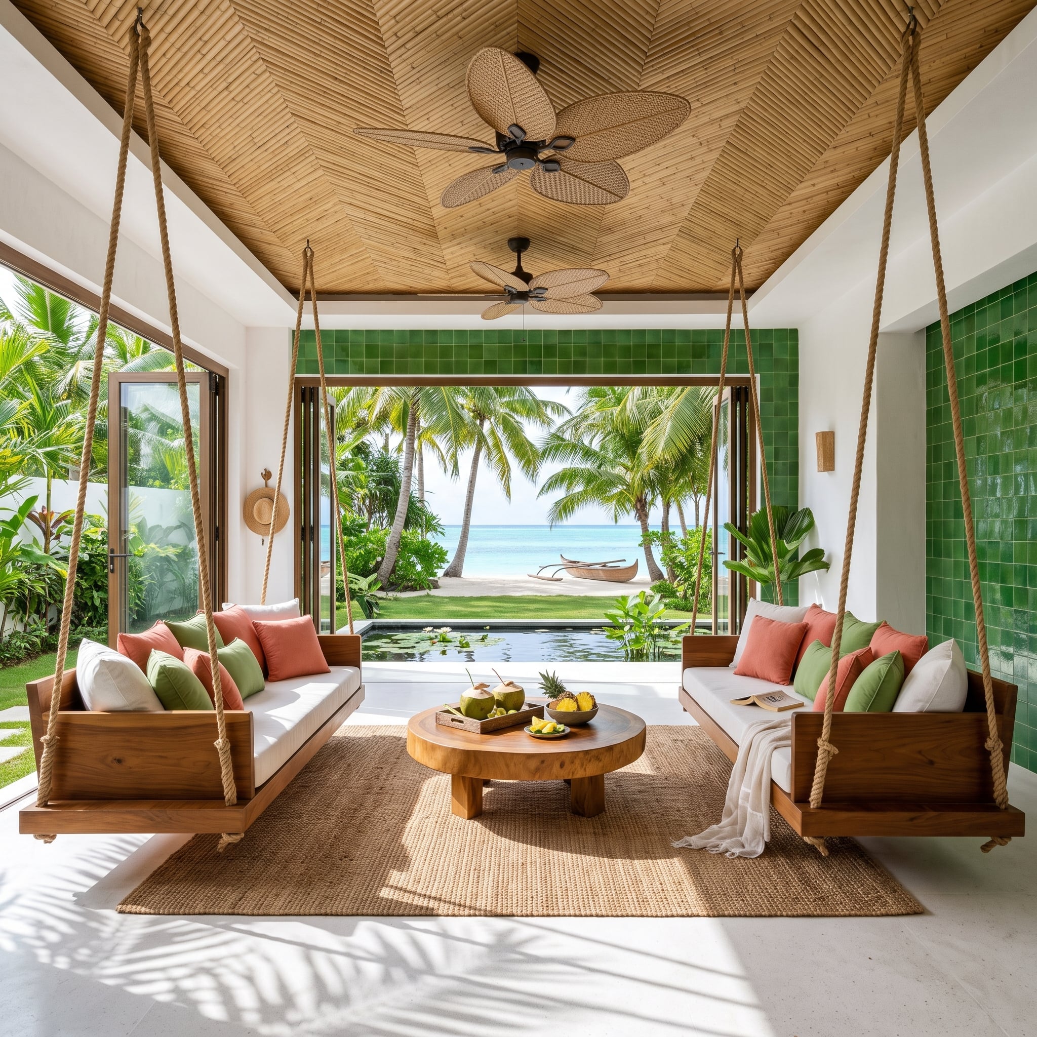 Rope-Hung Sofas, Zellige Tile, and a Beach View That Does All the Work