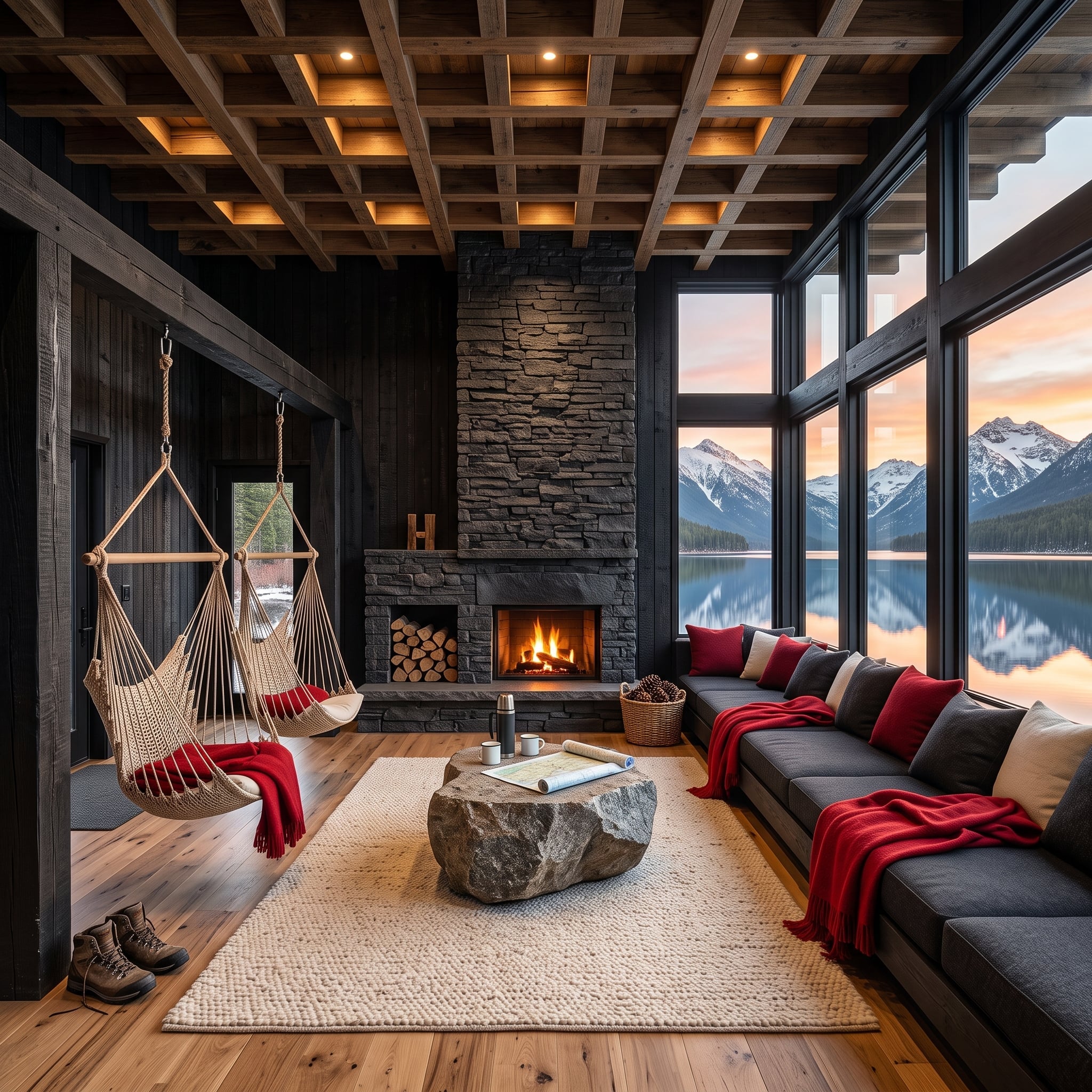 Stone Boulder Coffee Table, Rope Chairs, and a Mountain Lake Doing the Heavy Lifting