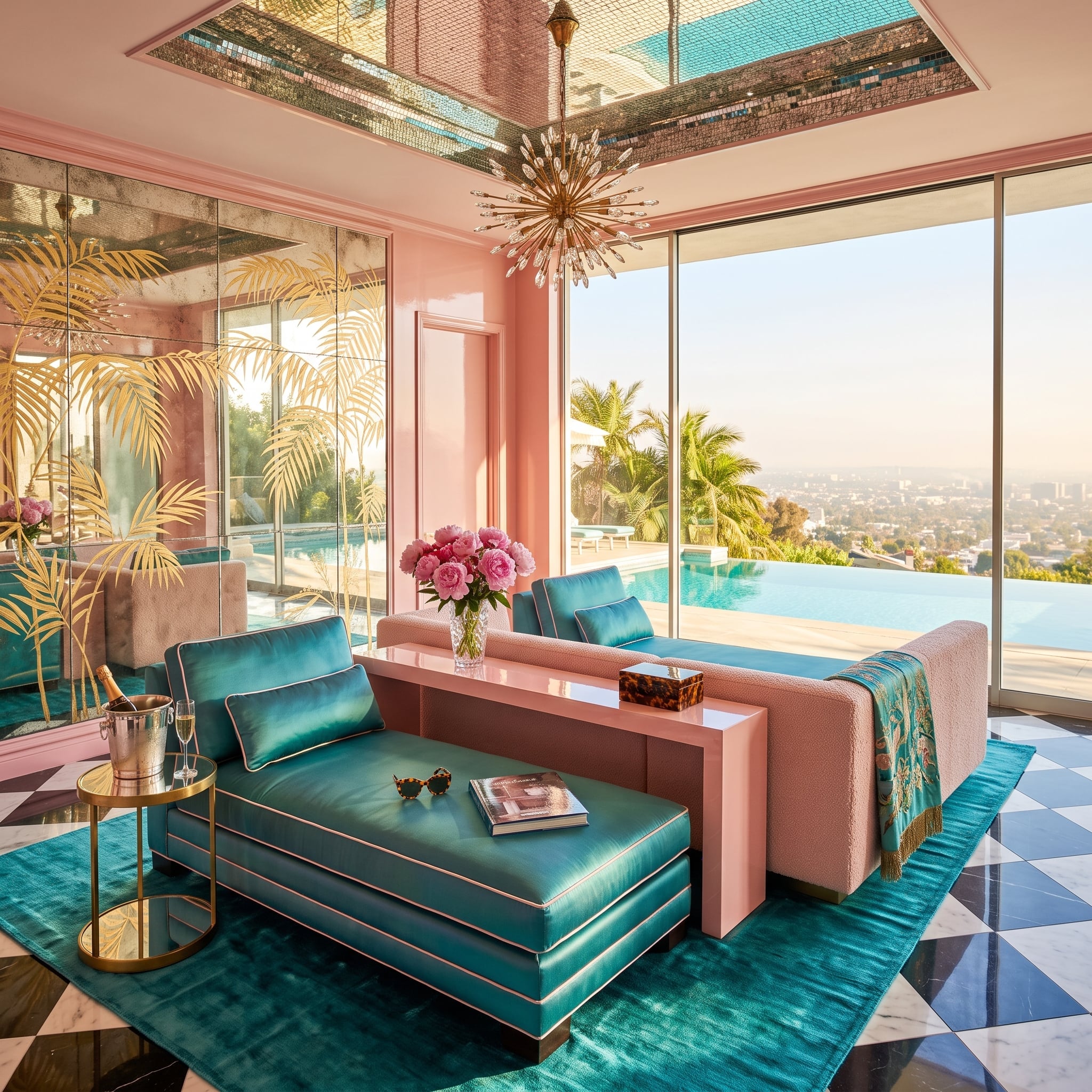 Teal Leather Chaise, Sputnik Chandelier, and Pink That Actually Pulls Its Weight