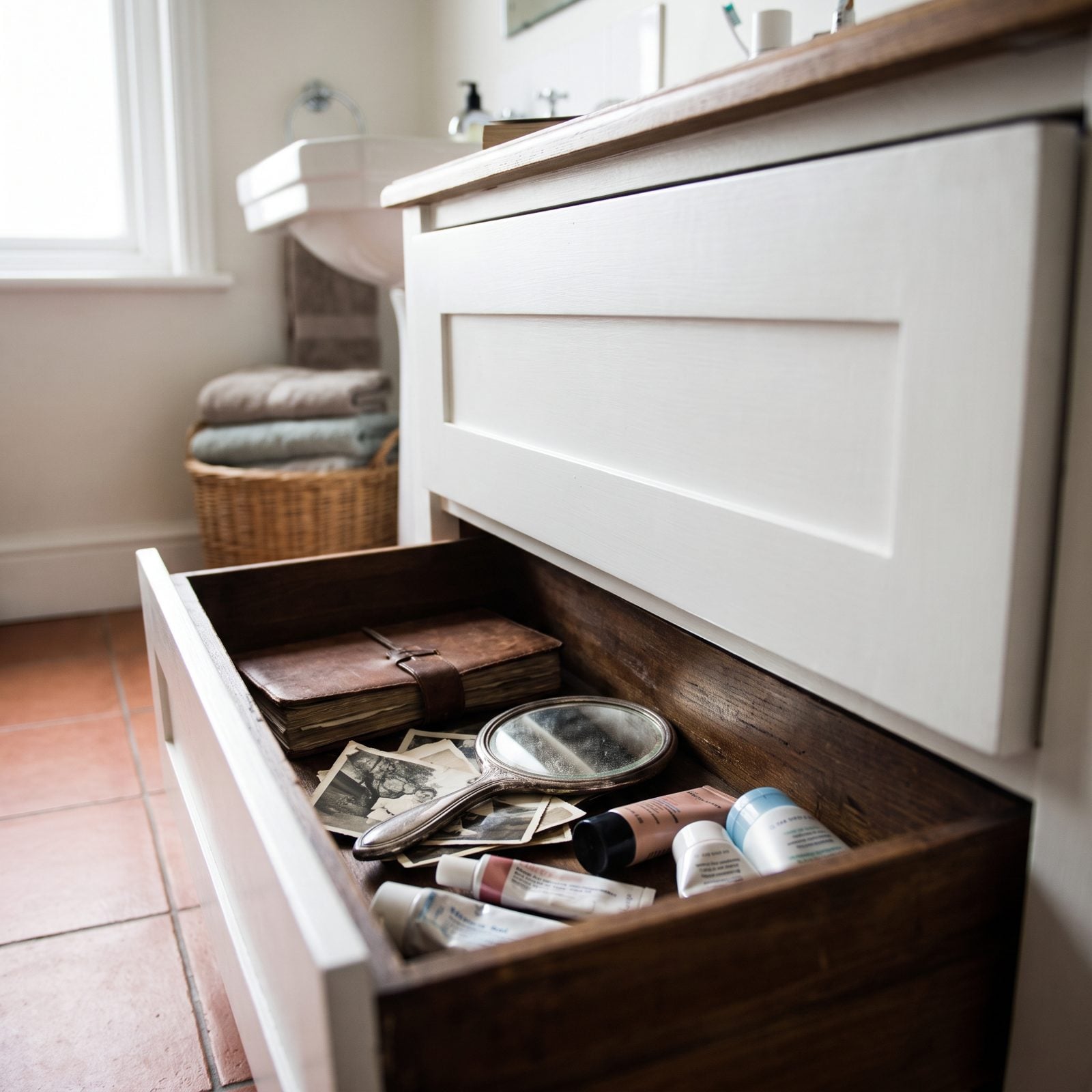 Bathroom vanity with the bottom drawer open showing skincare bottles, mascara tubes, and a travel pouch.