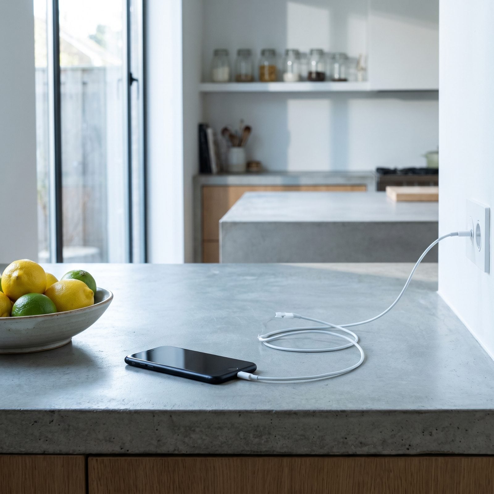 Kitchen counter corner with a face-down smartphone on a charging cable, car keys, reading glasses, and a potted herb.