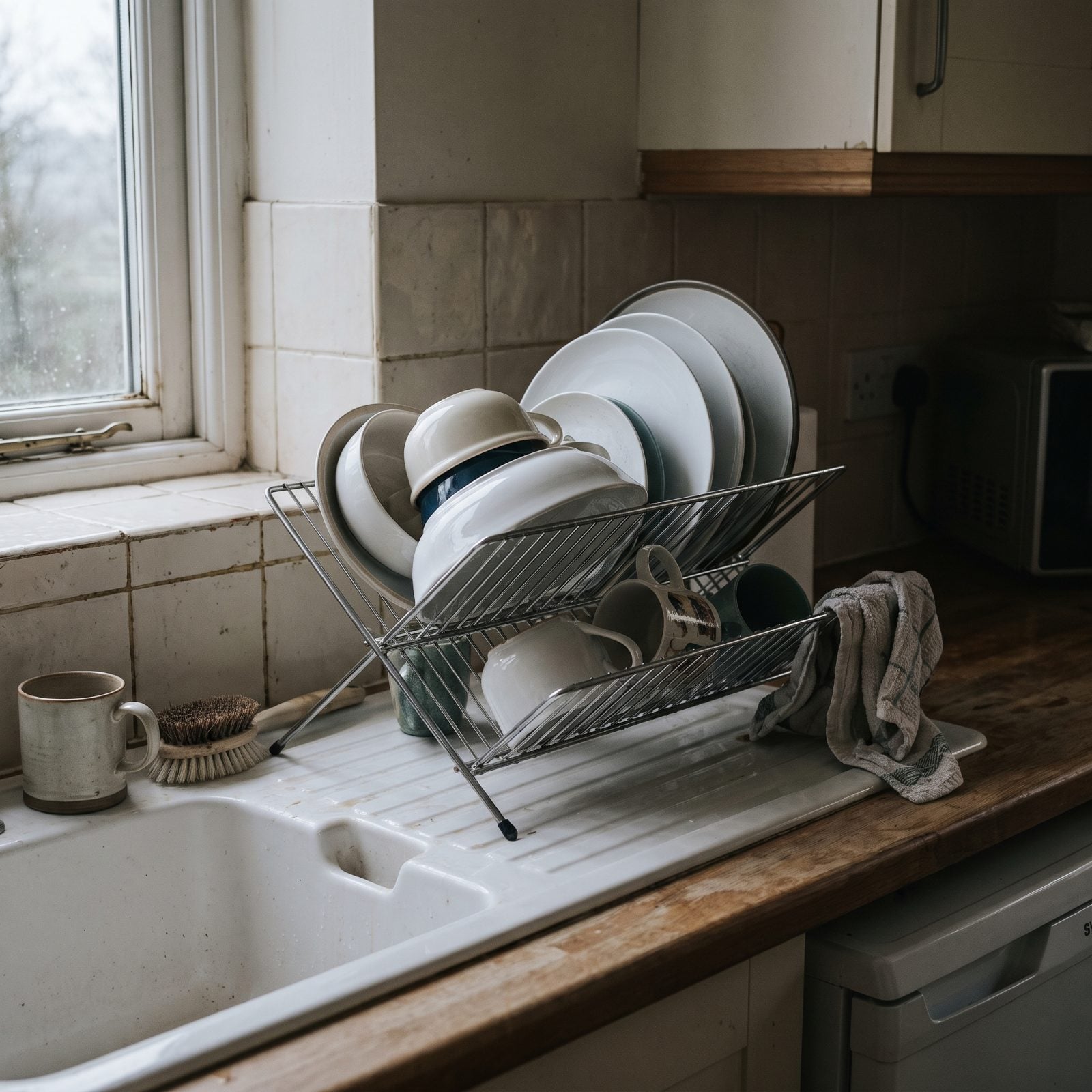Kitchen counter with a full dish rack holding clean plates, inverted glasses, and mugs beside the sink.