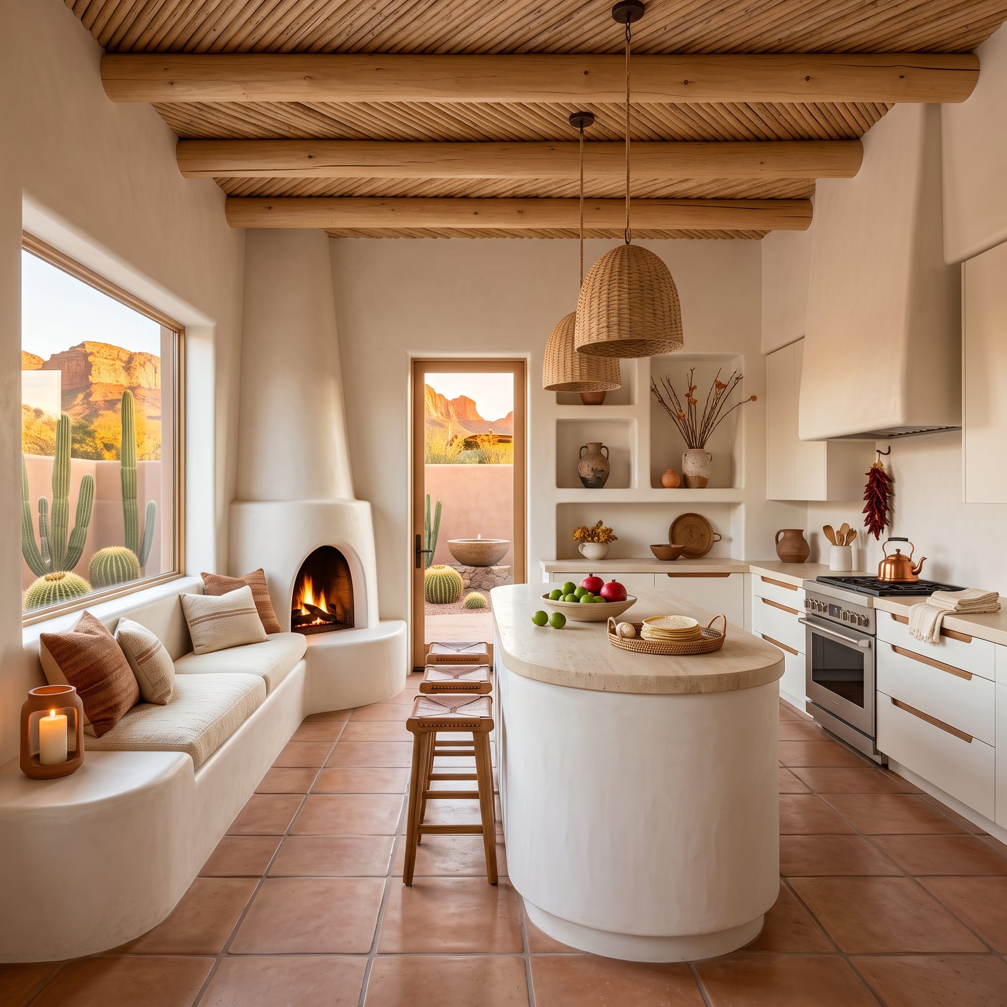 Adobe Walls, a Kiva Fireplace, and Terracotta Floor Tiles Explain Desert Warmth