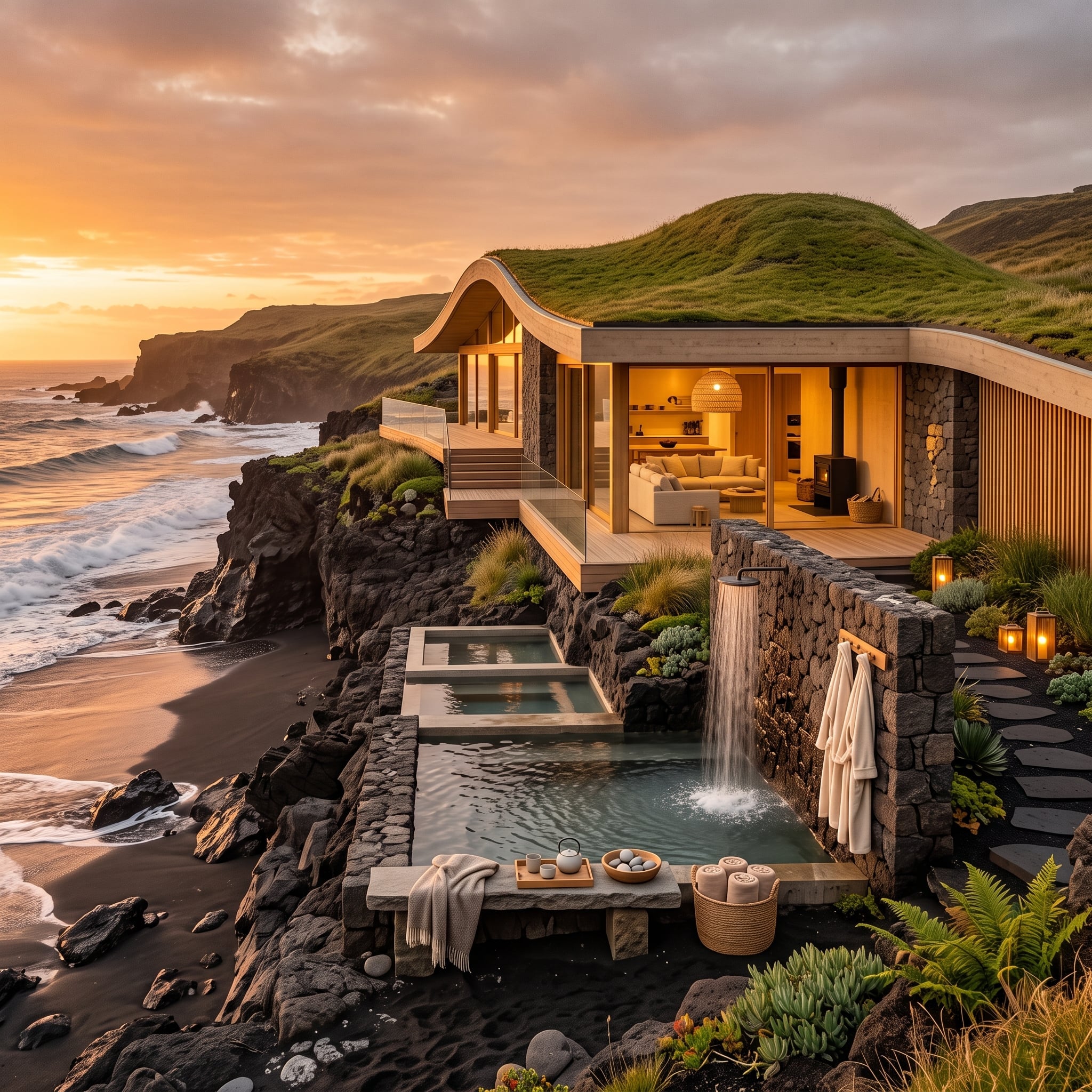 Black Sand Below, Grass Roof Above, and Steaming Pools Cut Into the Cliff