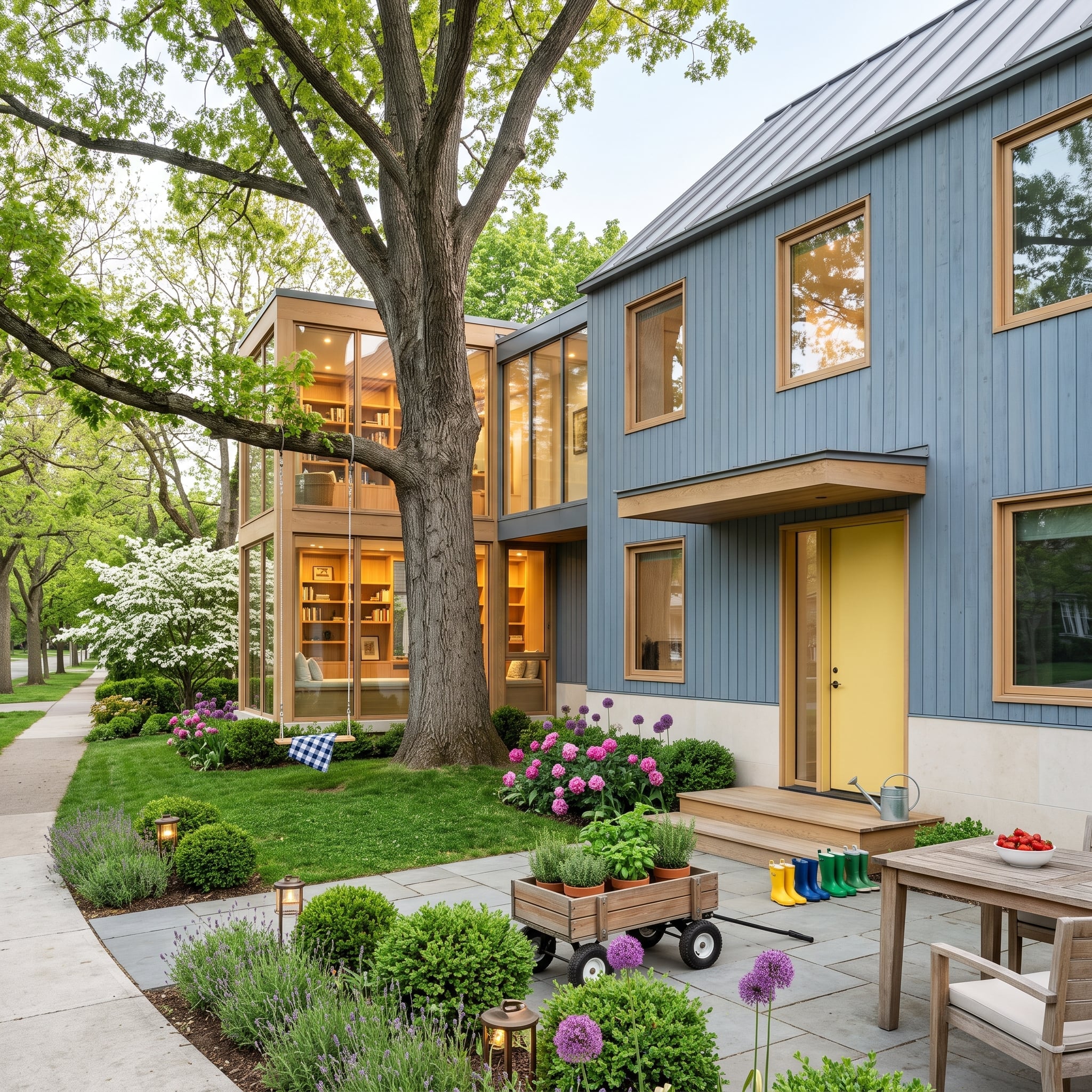 Blue-Gray Siding, a Yellow Front Door, and a Glass Reading Tower Wrapped Around a Tree