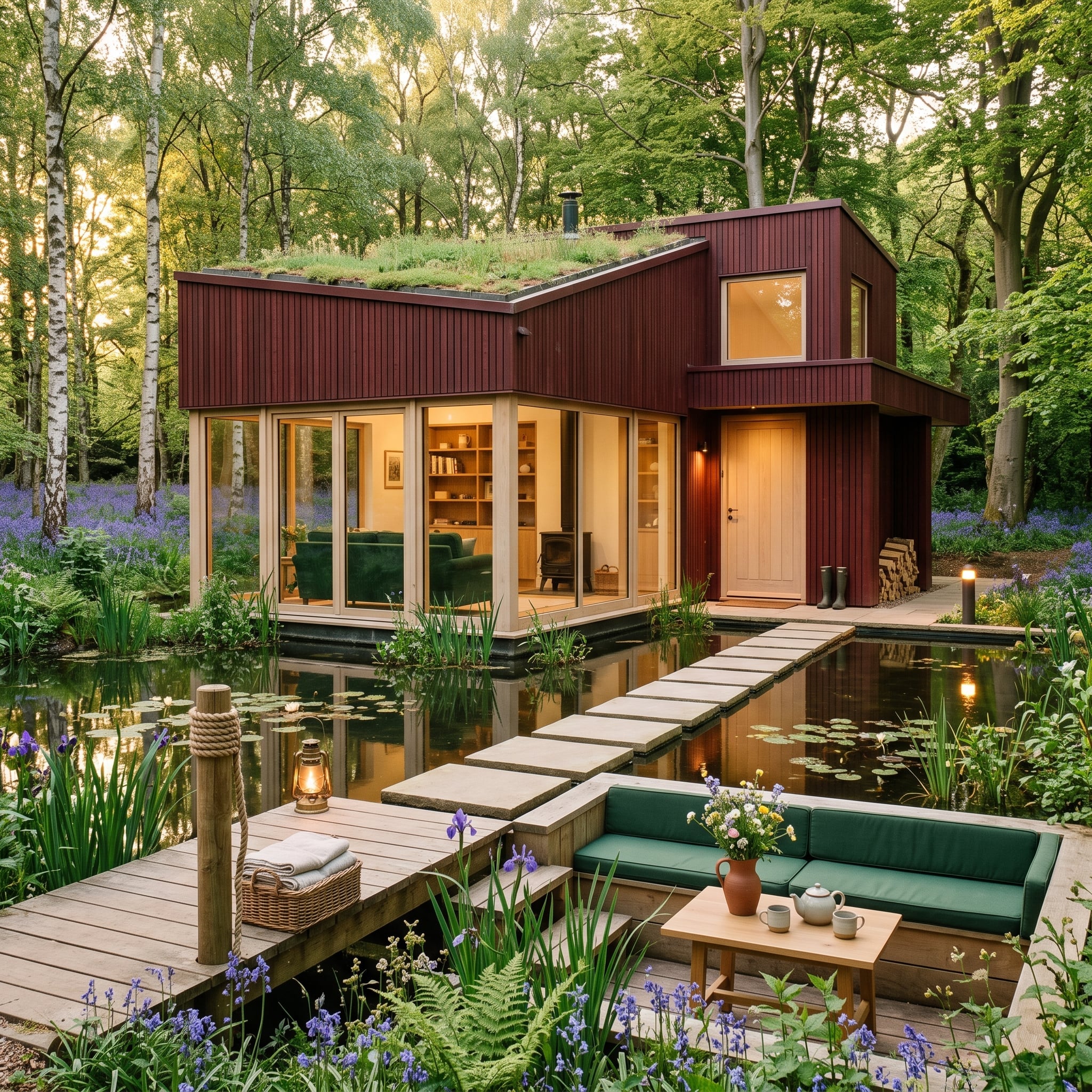 Bluebell Wood, a Green Roof, and Stepping Stones Across Still Water