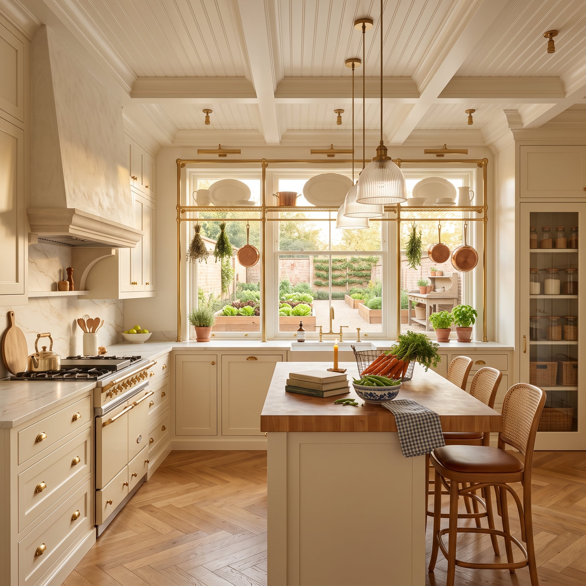 Brass Window Rails, Herringbone Parquet, and a Kitchen Garden View Do the Heavy Lifting