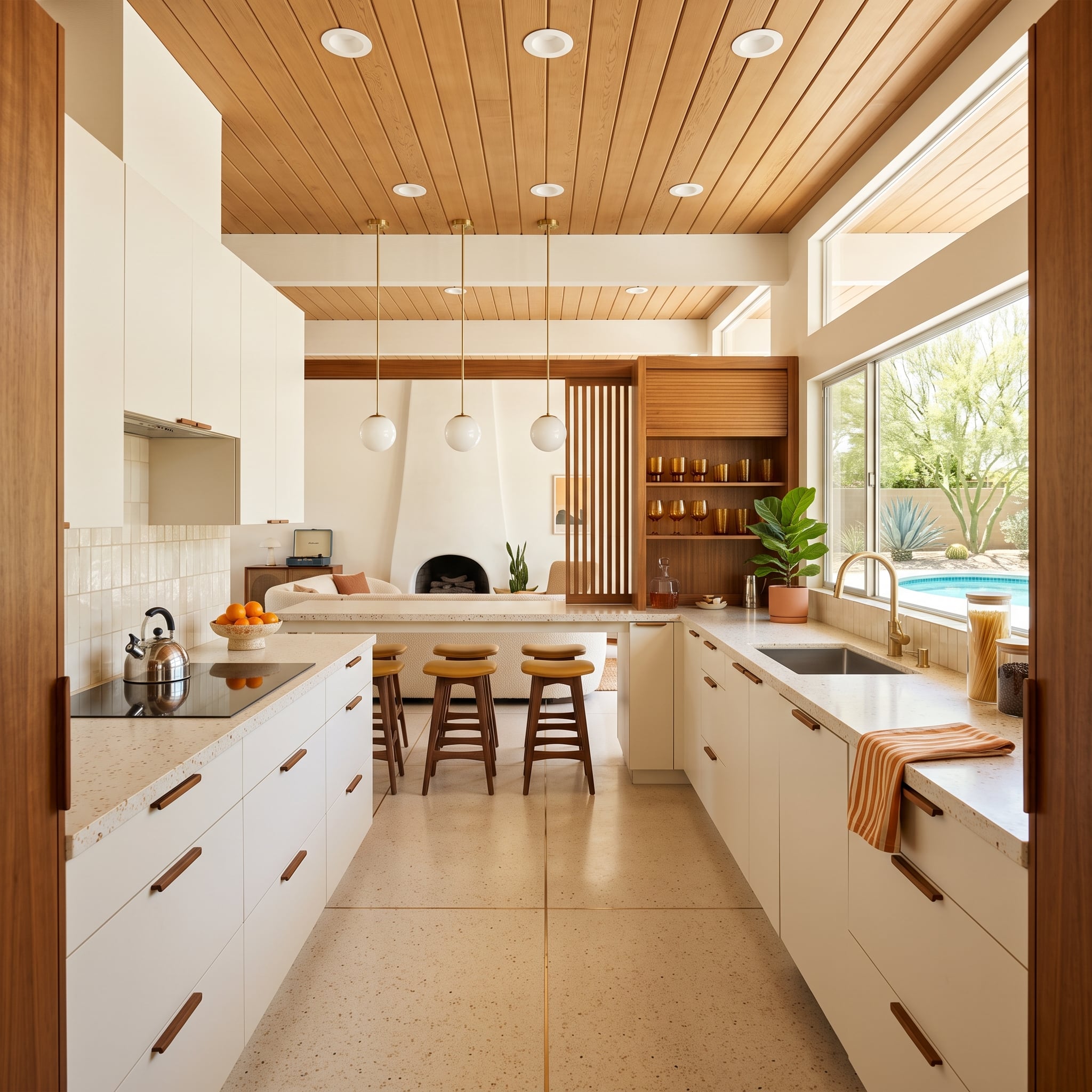 Cedar Ceiling, Globe Pendants, and a Pool View Explain How Warmth Works in Layers