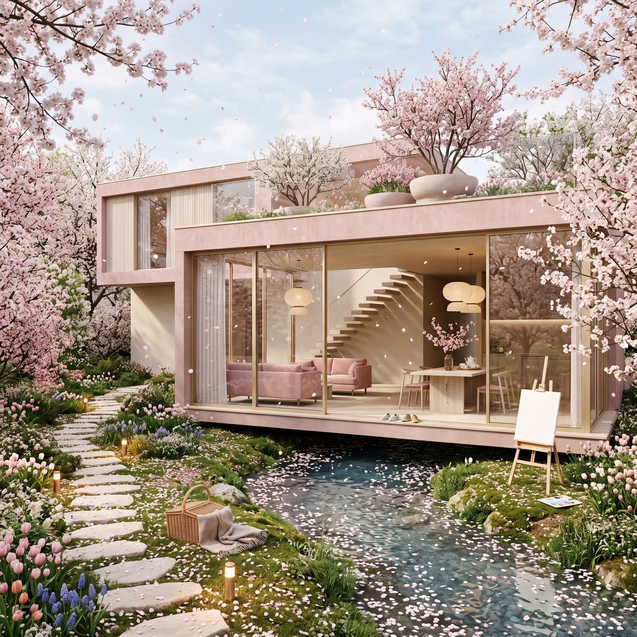 Cherry Blossoms, a Koi Pond, and Pink Stucco That Actually Pulls It Off