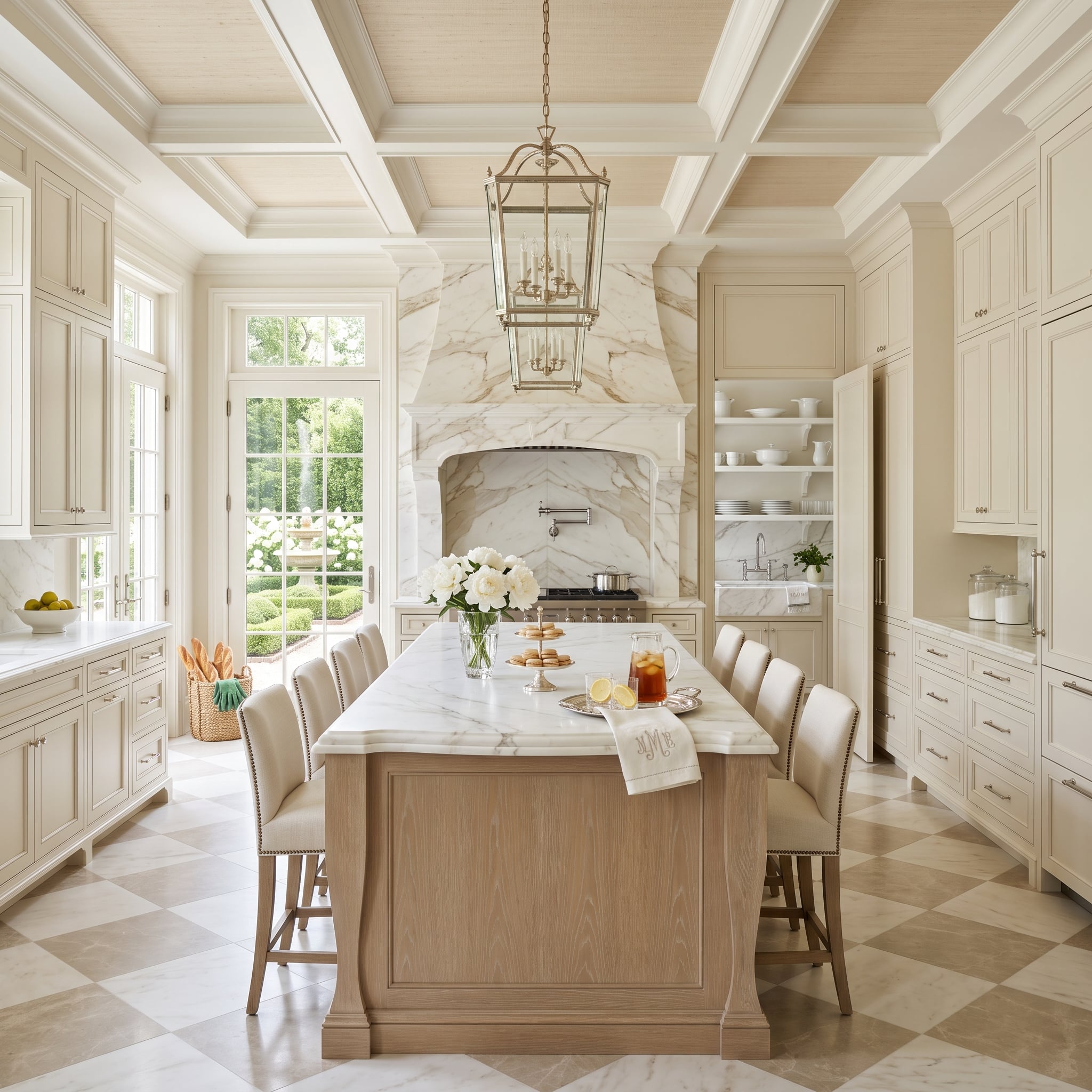Coffered Ceiling, Marble Hood, Checkerboard Stone: How One Kitchen Earns Its Warmth Three Ways