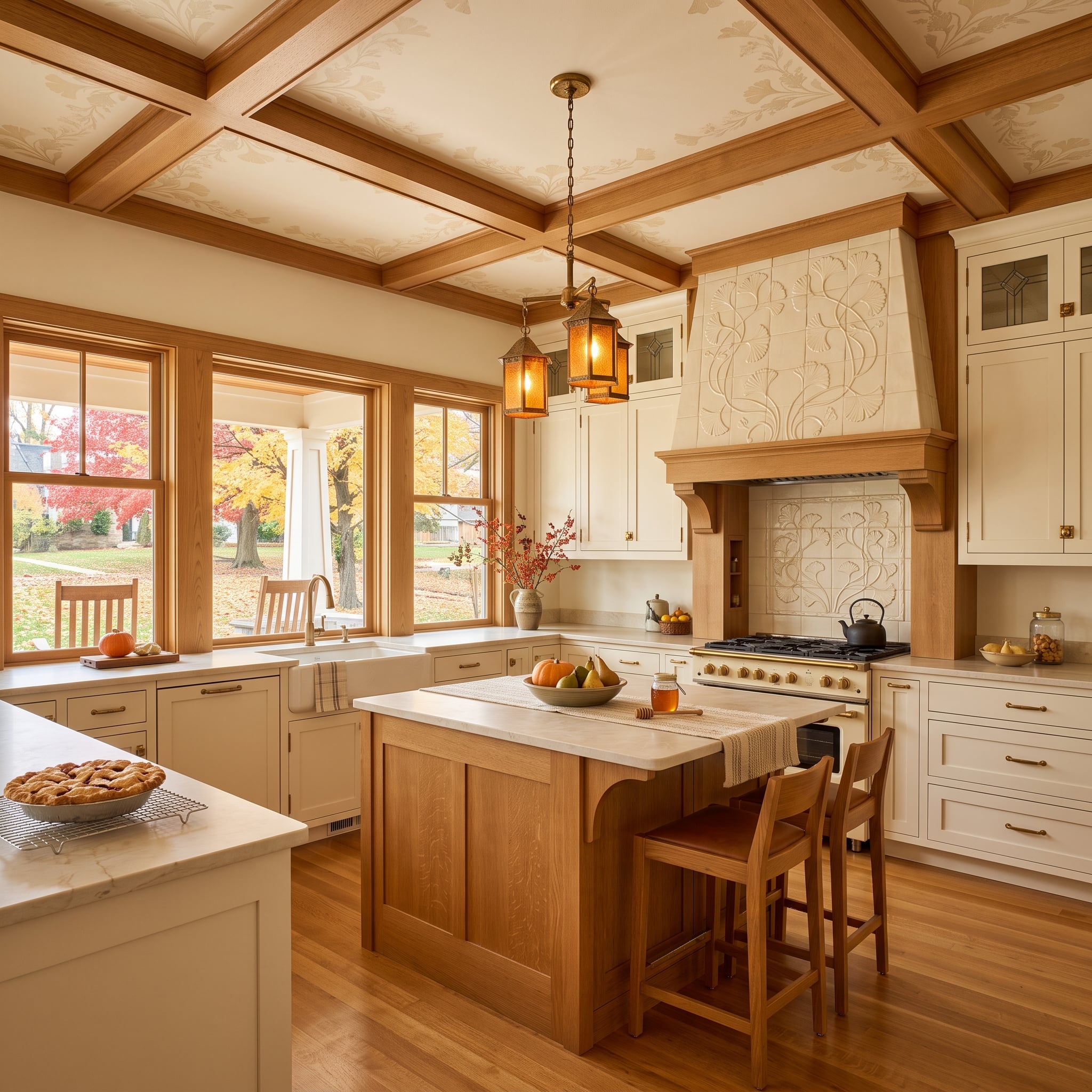 Coffered Ceilings and Ginkgo Tilework Explain Why Oak Makes White Feel Like October