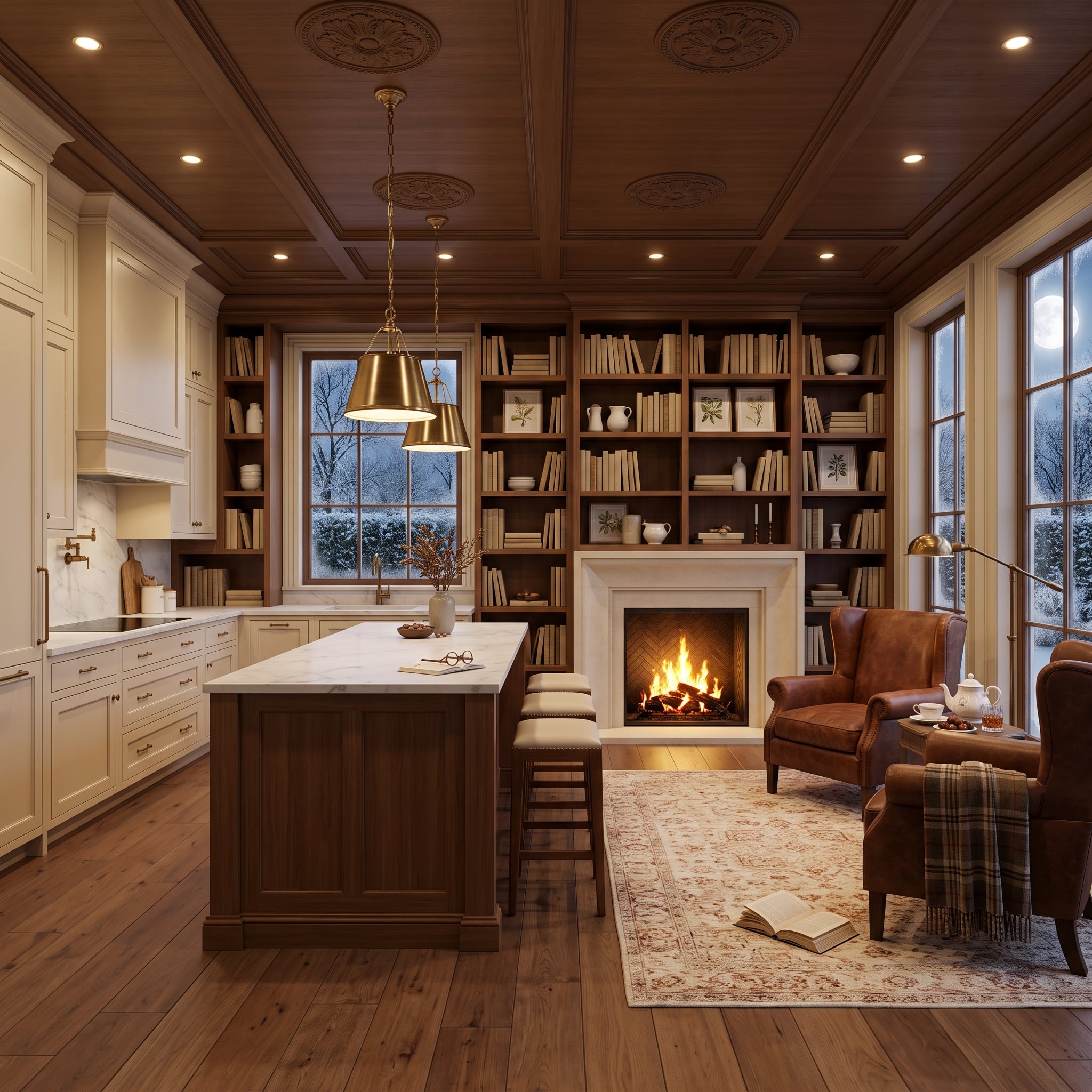 Coffered Walnut Ceilings Prove White Cabinets Don't Have to Run the Room