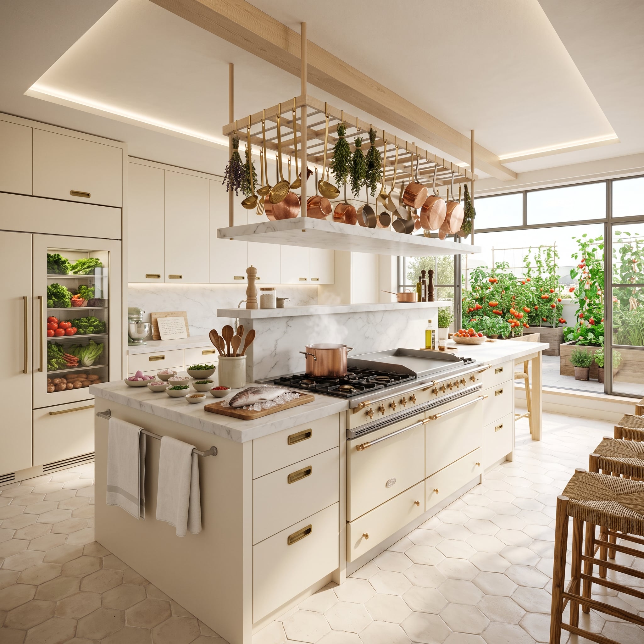 Copper Pots, Hanging Herbs, and a Garden Wall: Warmth Earned From Every Angle