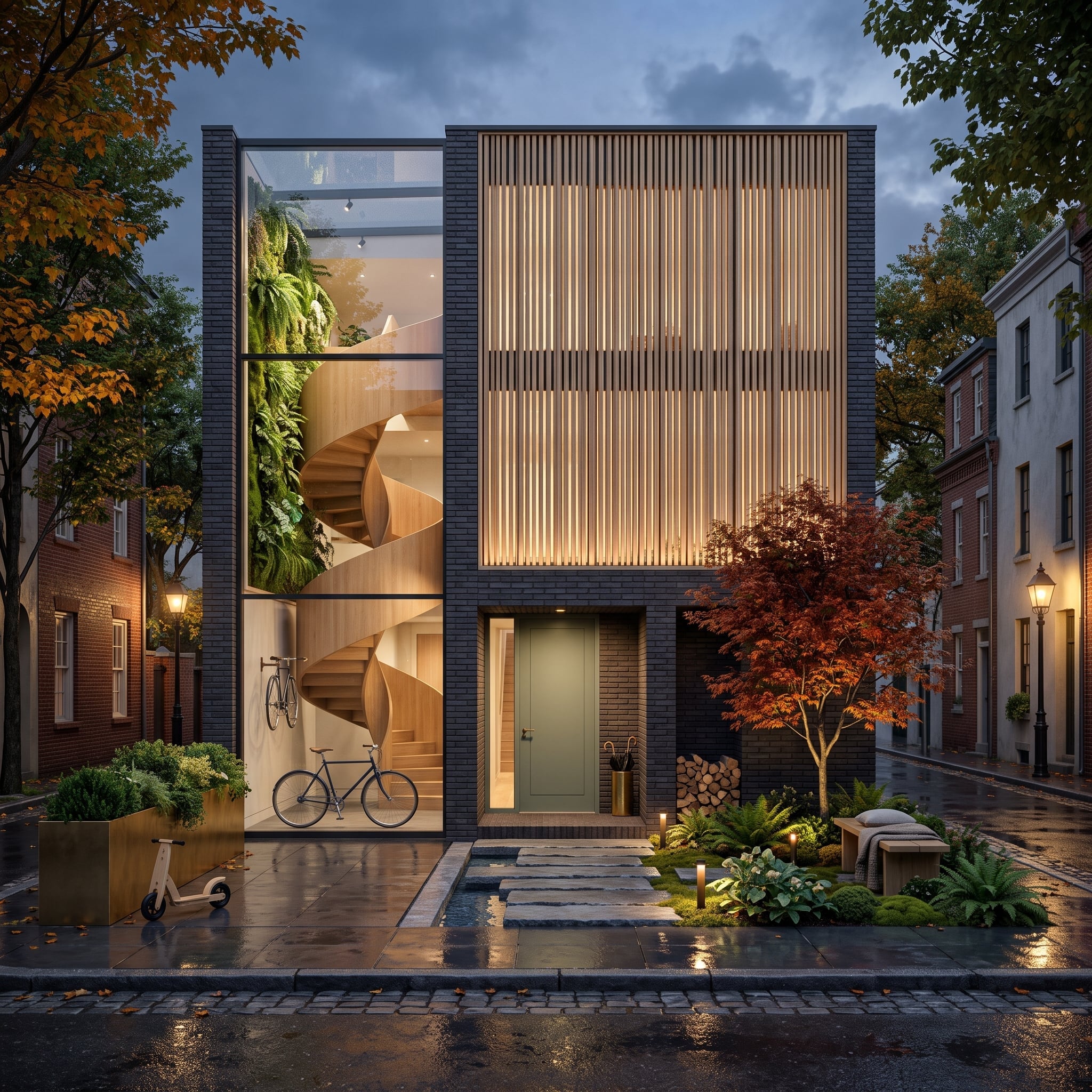 Dark Brick, Vertical Wood Slats, and a Spiral Stair Visible From the Street