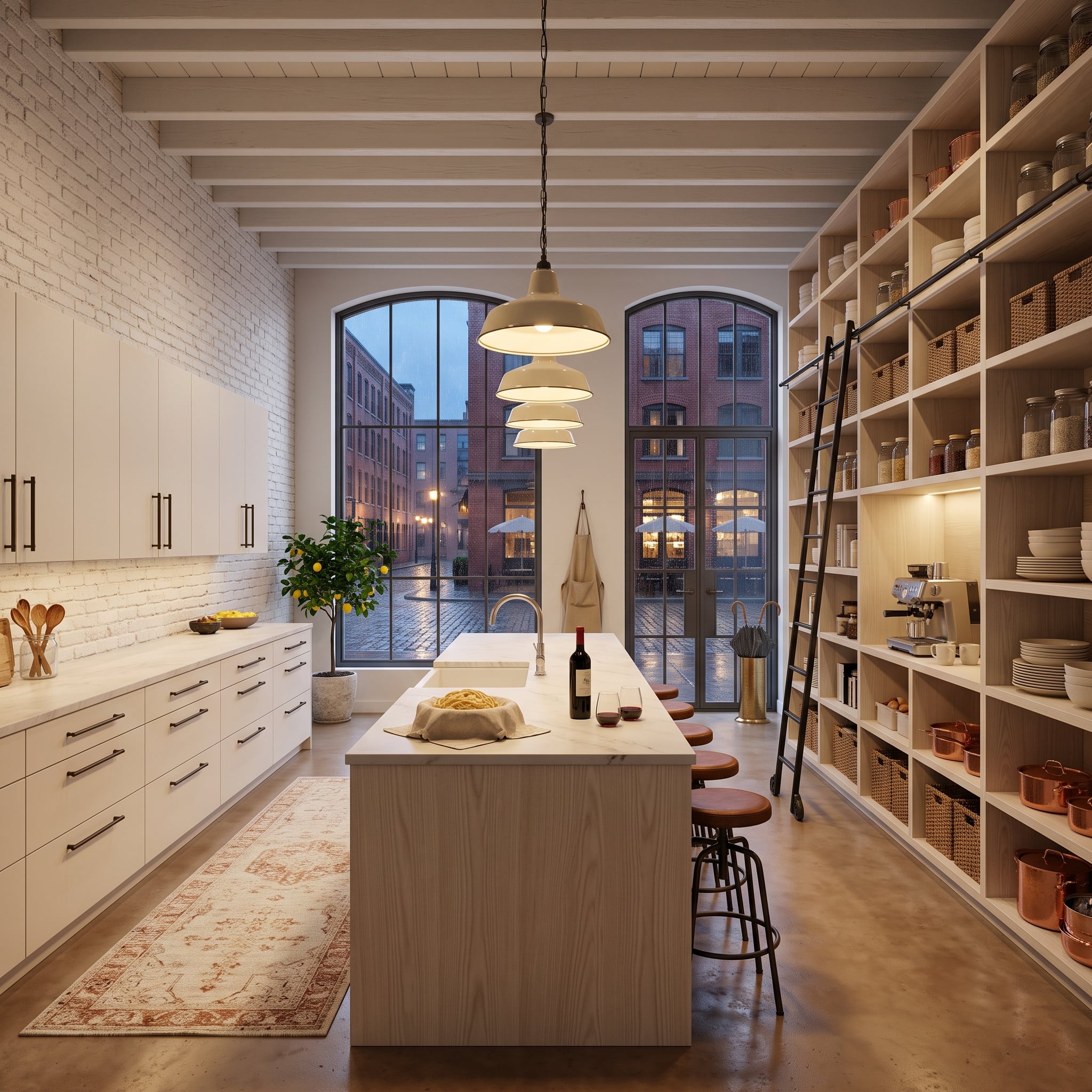 Exposed Beams, a Rolling Library Ladder, and Copper Pots Explain What White Kitchens Usually Miss